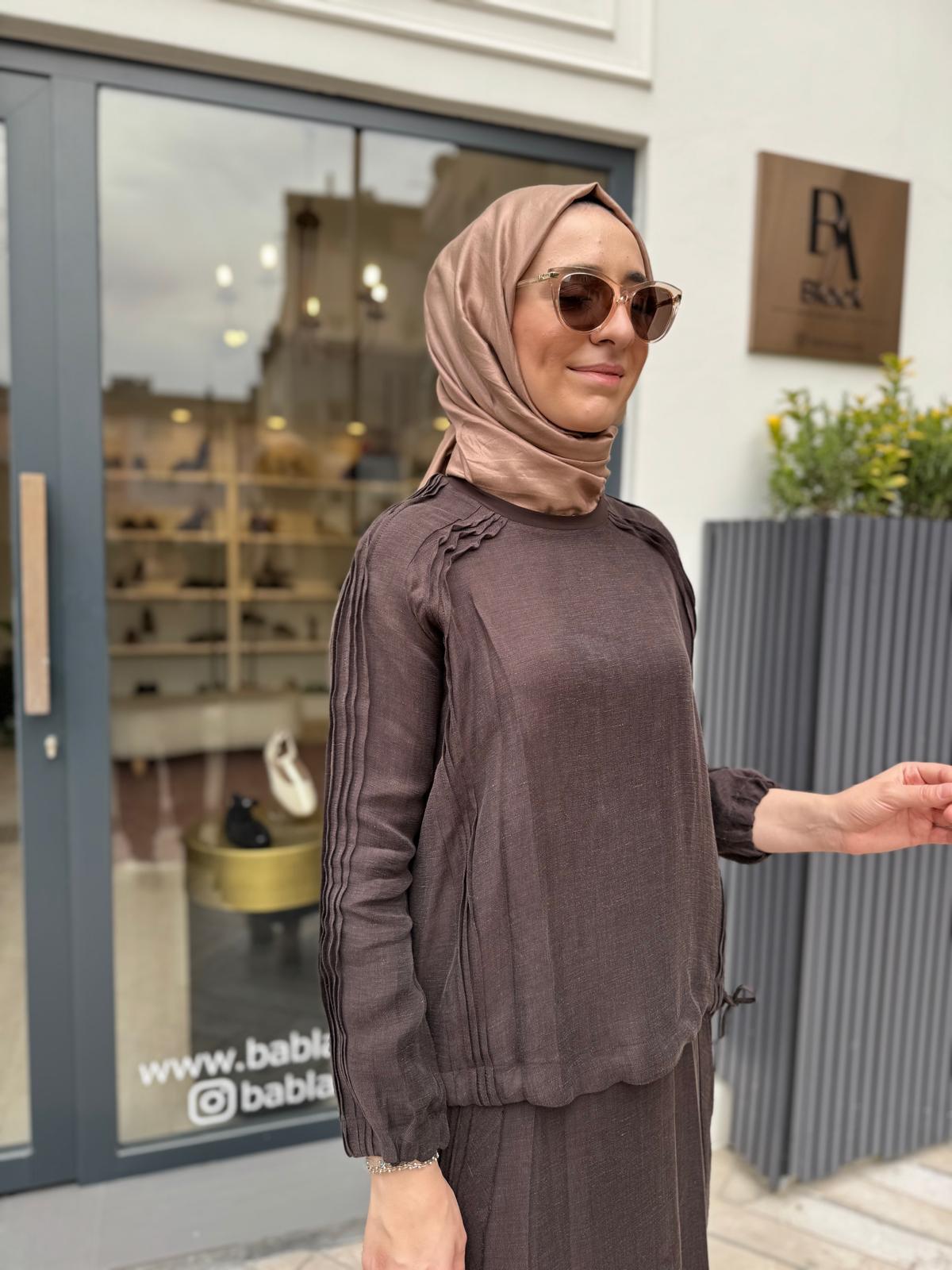 Dikiş Detaylı Kadın Etek Takım Kahve