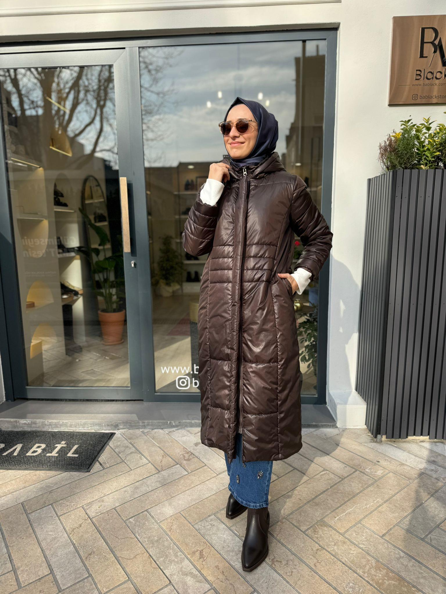 Dikiş Detaylı Kadın Şişme Mont Kahve