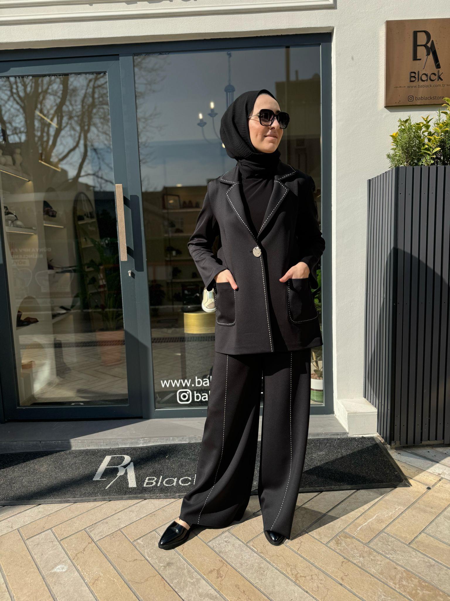 Dikiş Detaylı Scuba Kadın Takım Siyah