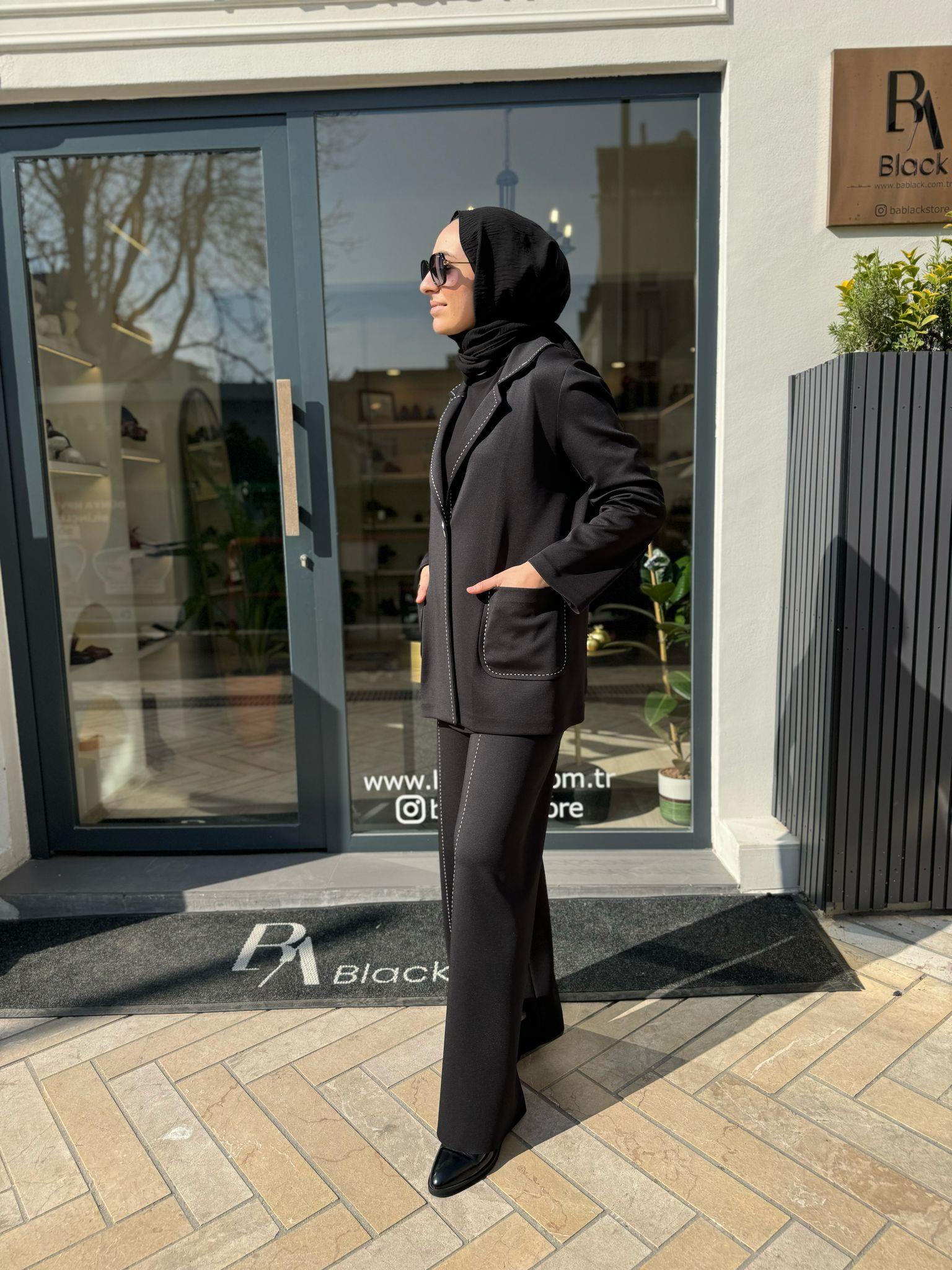 Dikiş Detaylı Scuba Kadın Takım Siyah