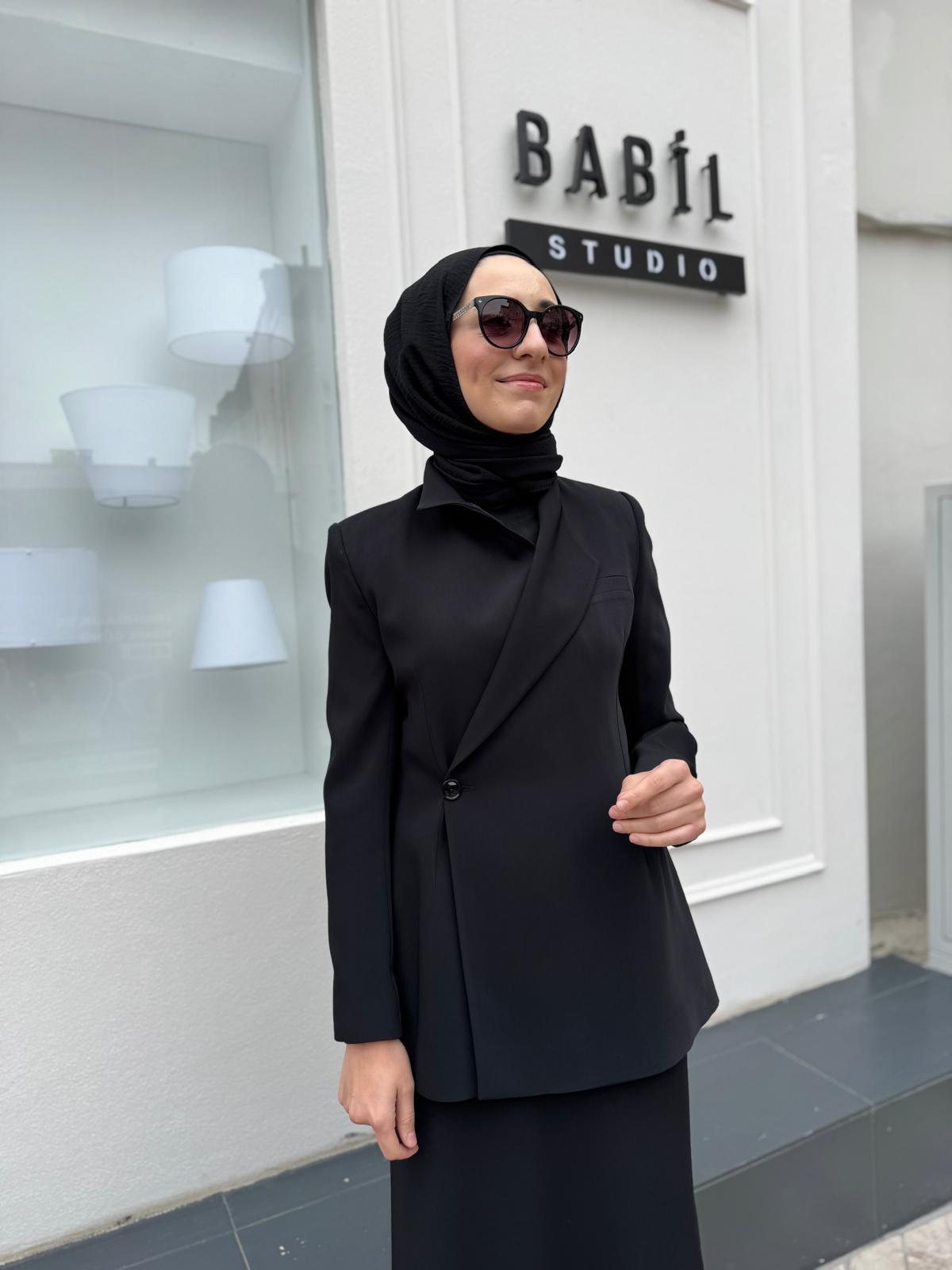 Düğme Detaylı Blazer Ceket Etek Kadın Takım Siyah
