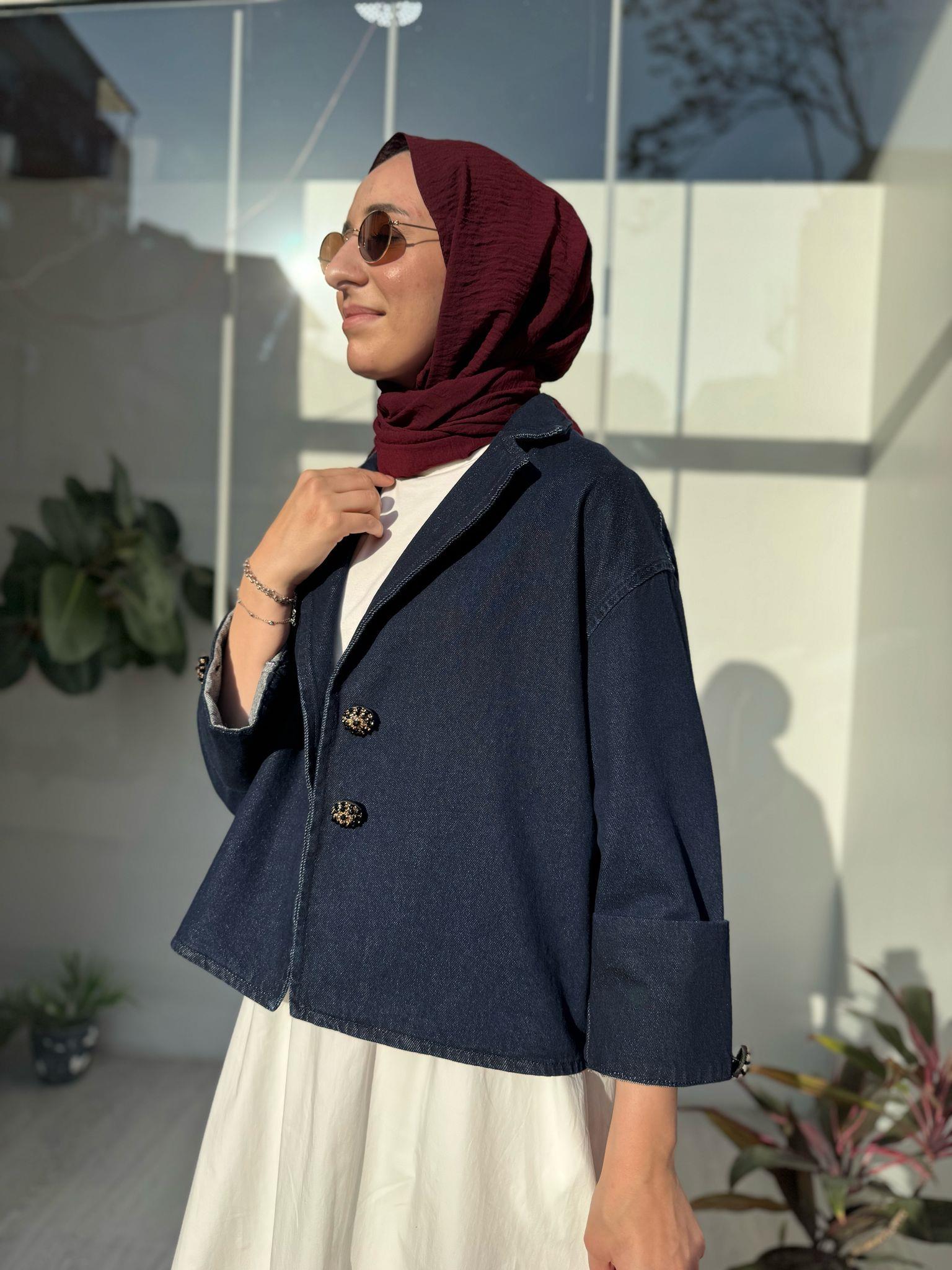 Düğme Detaylı Denim Kadın Ceket Lacivert