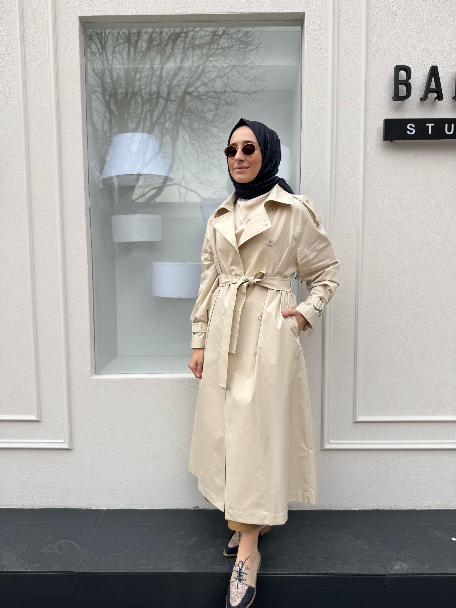 Düğme Detaylı Kadın Trench Bej