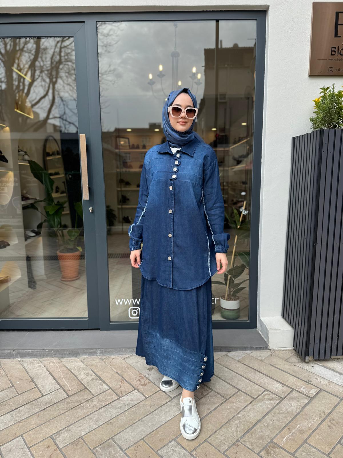 Düğmeli Püsküllü Kot Kadın Takım Lacivert