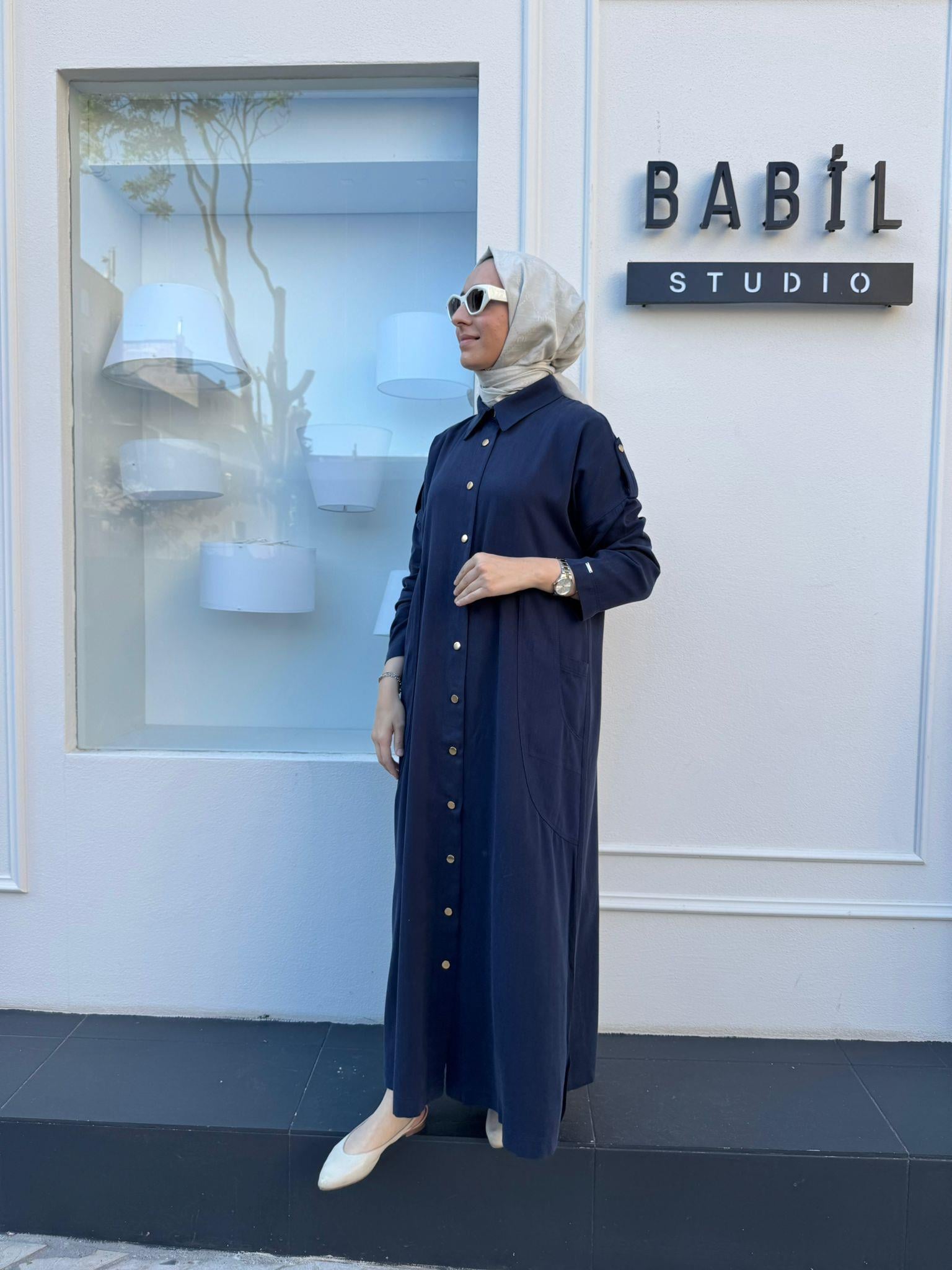 Düğmeli Tensel Kadın Uzun Kap Lacivert