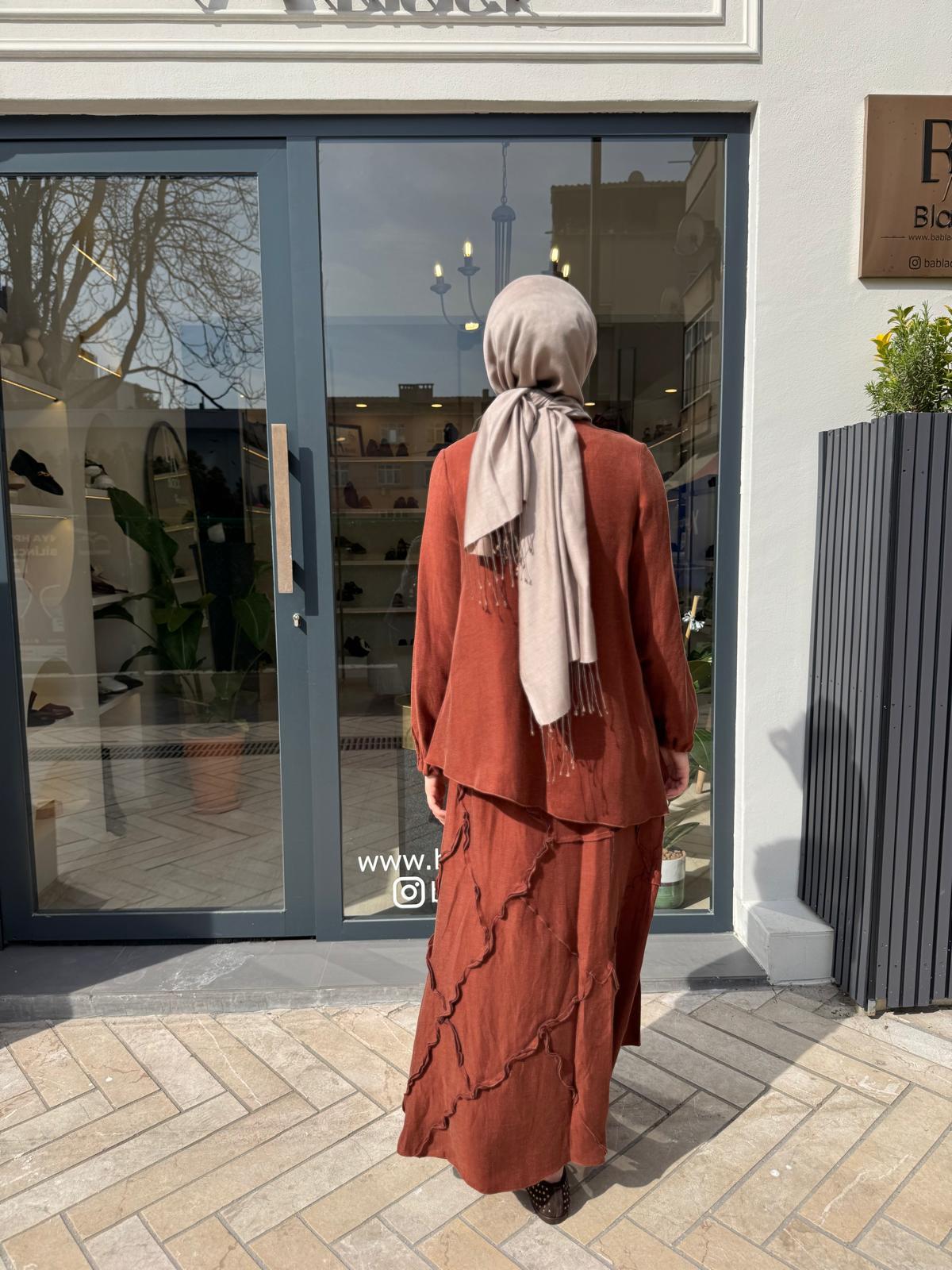 Düğmeli Ters Dikişli Kadın Etek Takım Turuncu