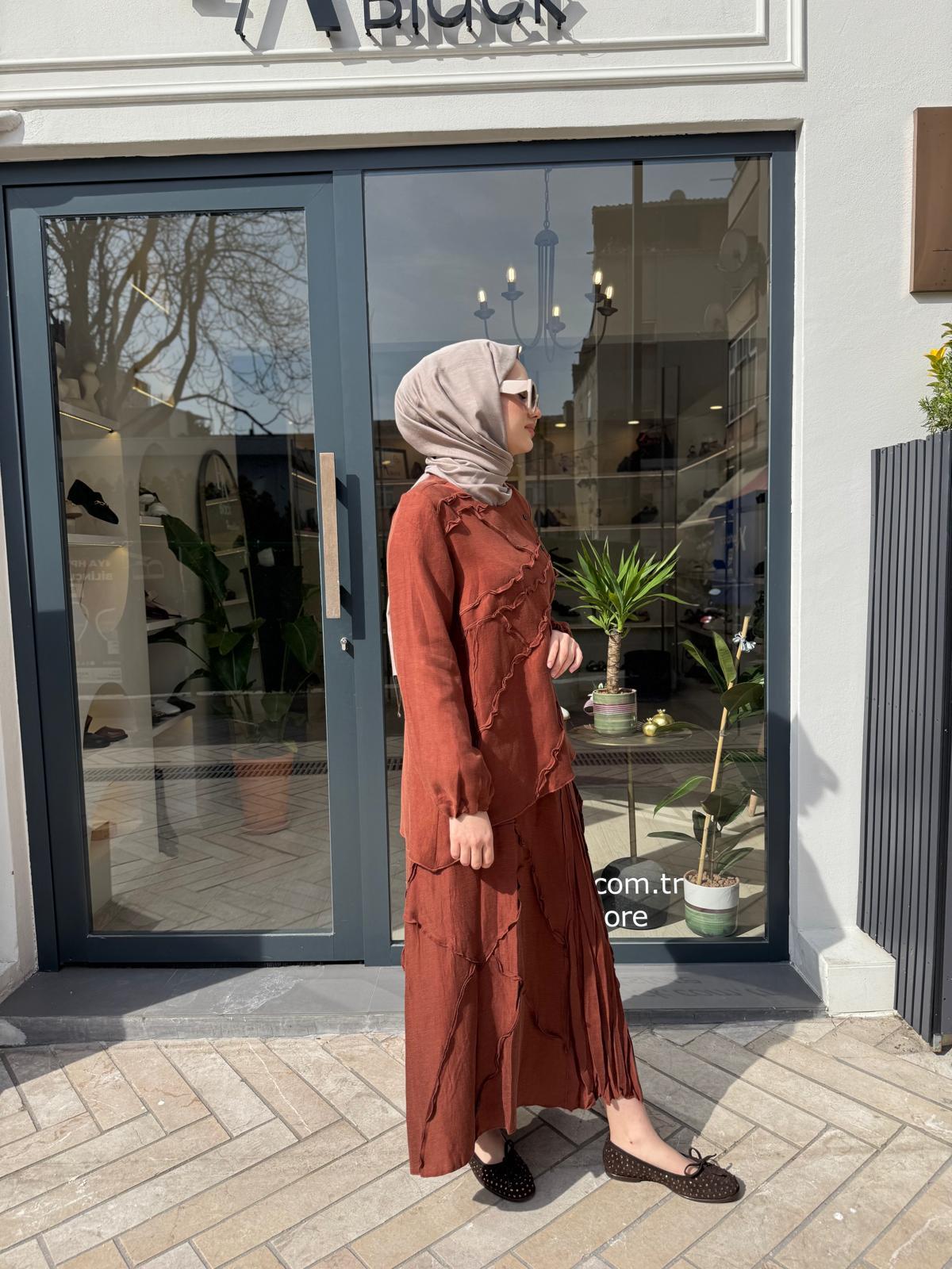 Düğmeli Ters Dikişli Kadın Etek Takım Turuncu
