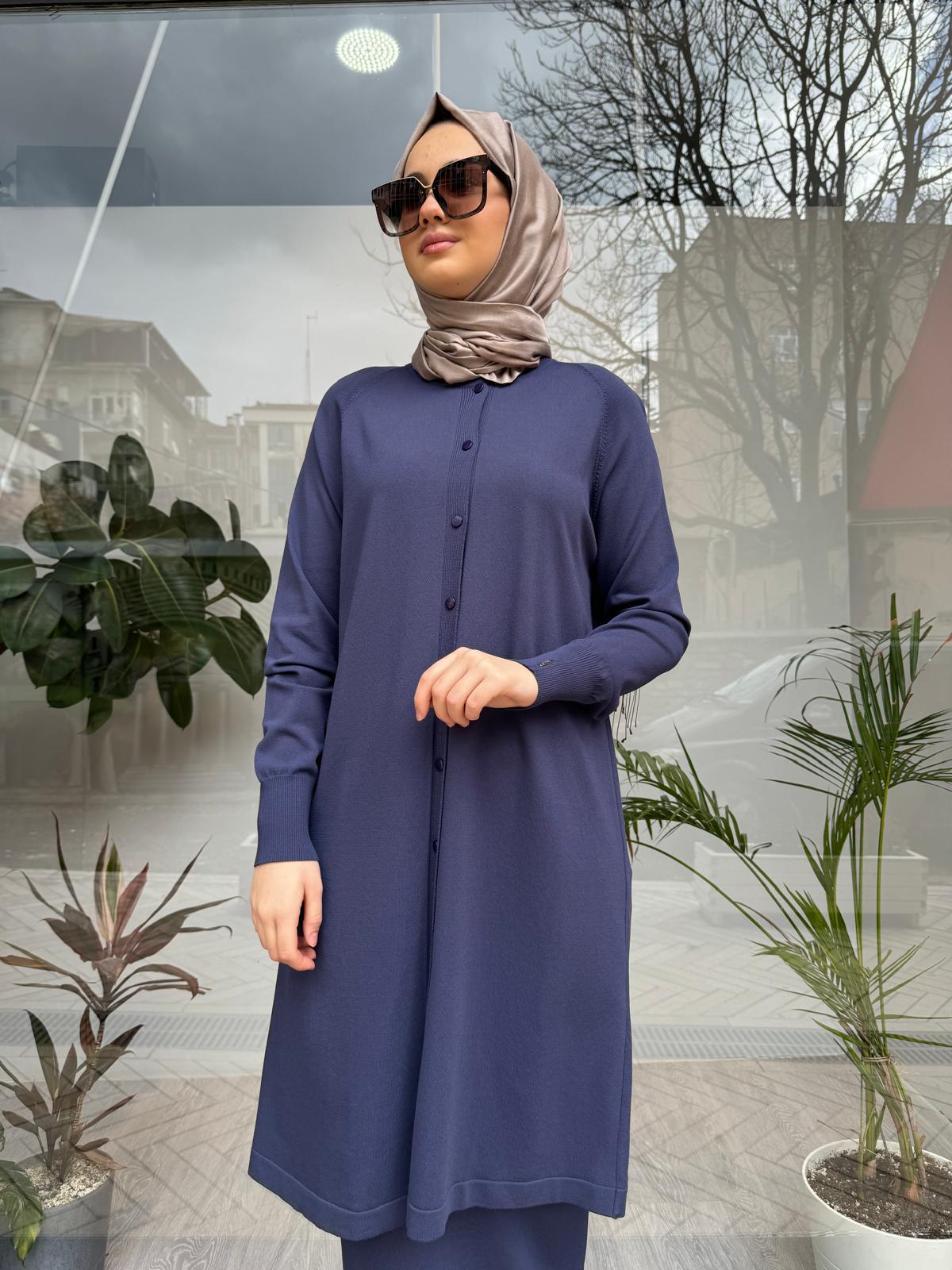 Düğmeli Uzun Kadın Hırka Indigo