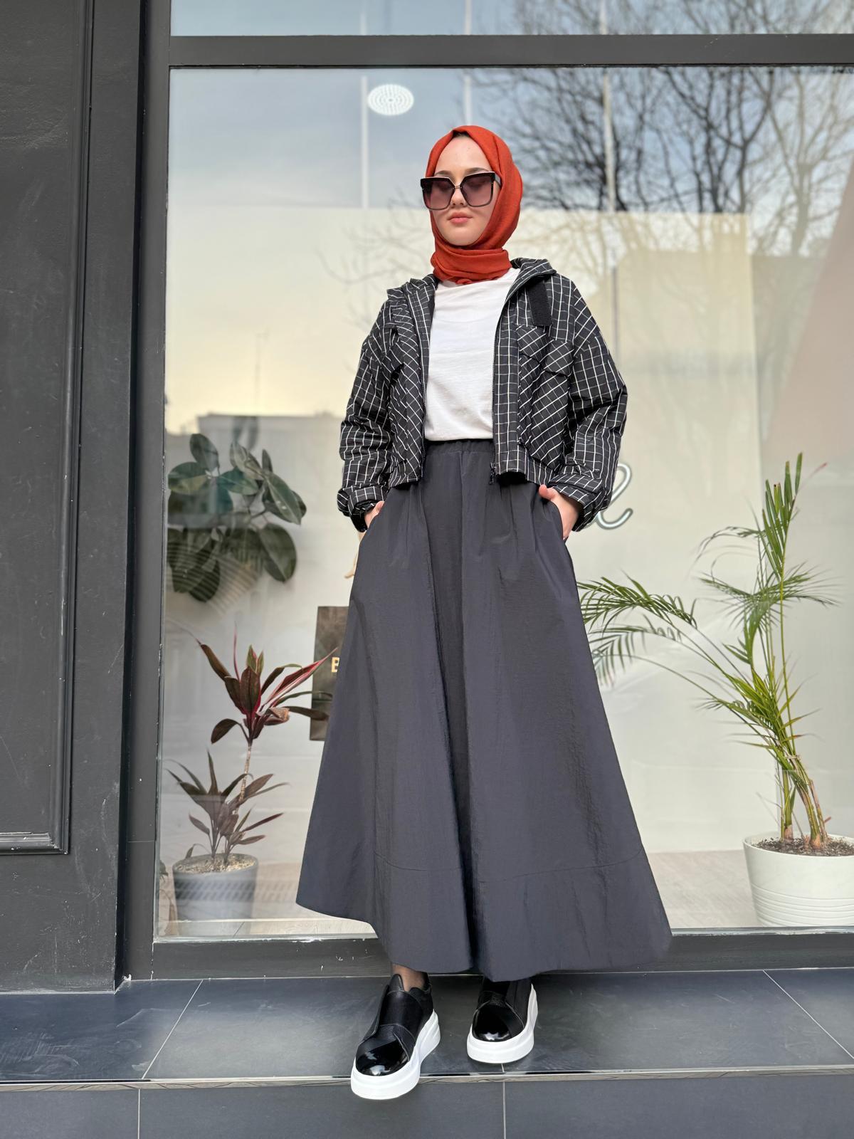 Ekose Desen Crop Yağmurluk Siyah