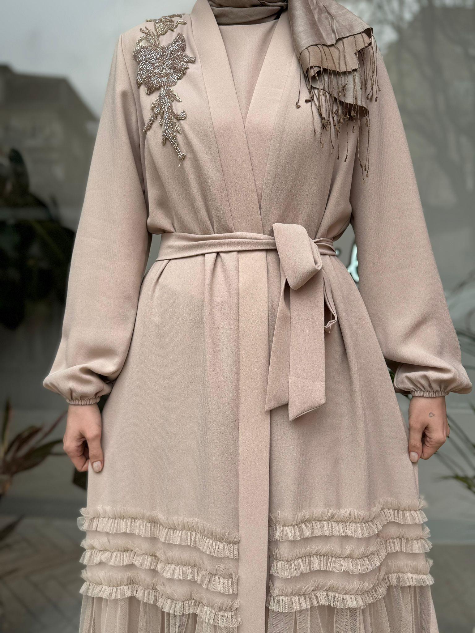 Etek Ucu Tüllü İşleme Detay İkili Abaya Bej