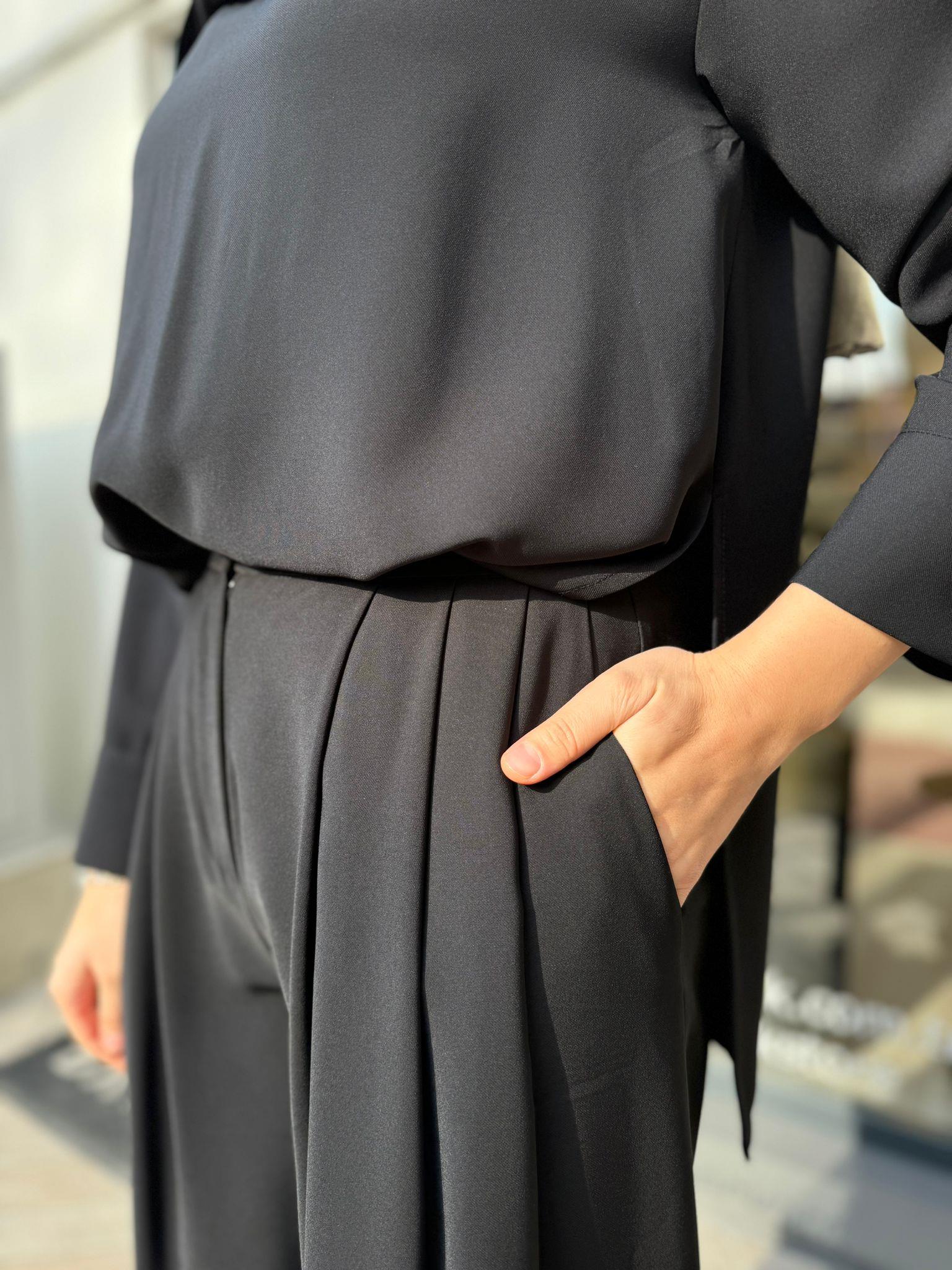 Eva Krep Pileli Plazzo Pantolon Siyah