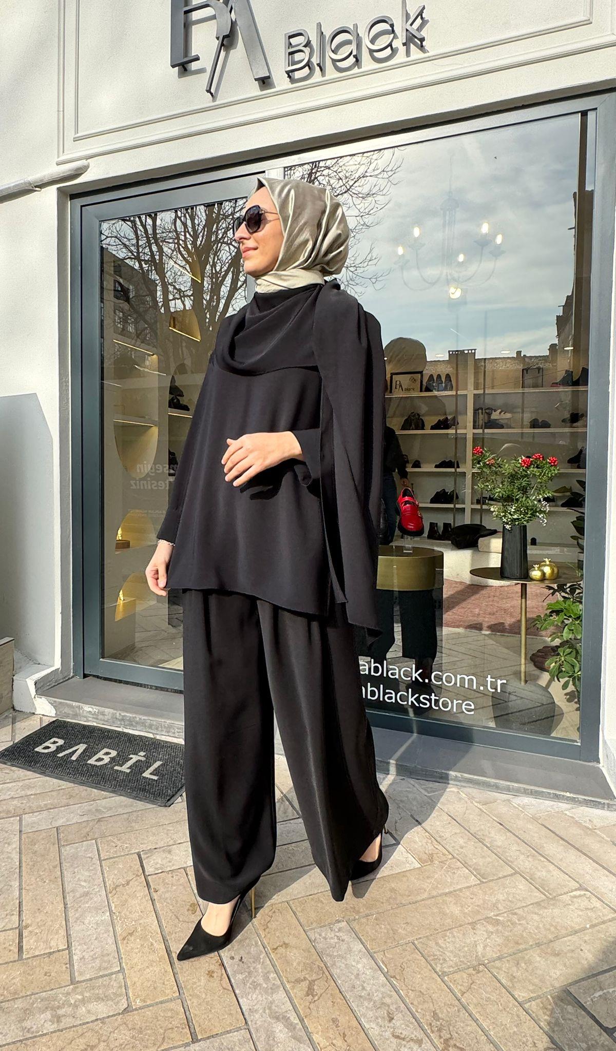 Eva Krep Pileli Plazzo Pantolon Siyah