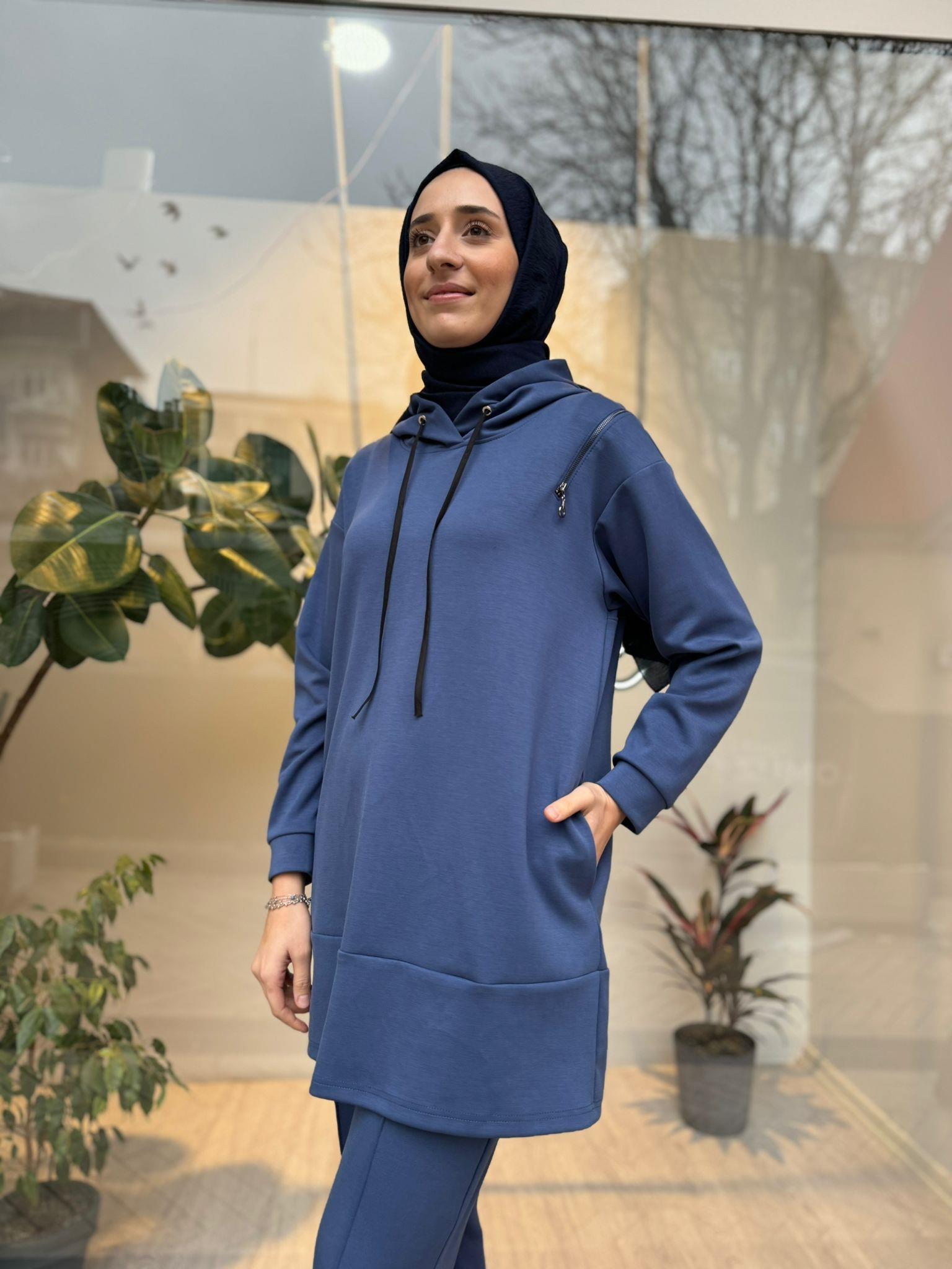 Fermuar Detaylı Basic Kadın Eşofman Takımı Indigo