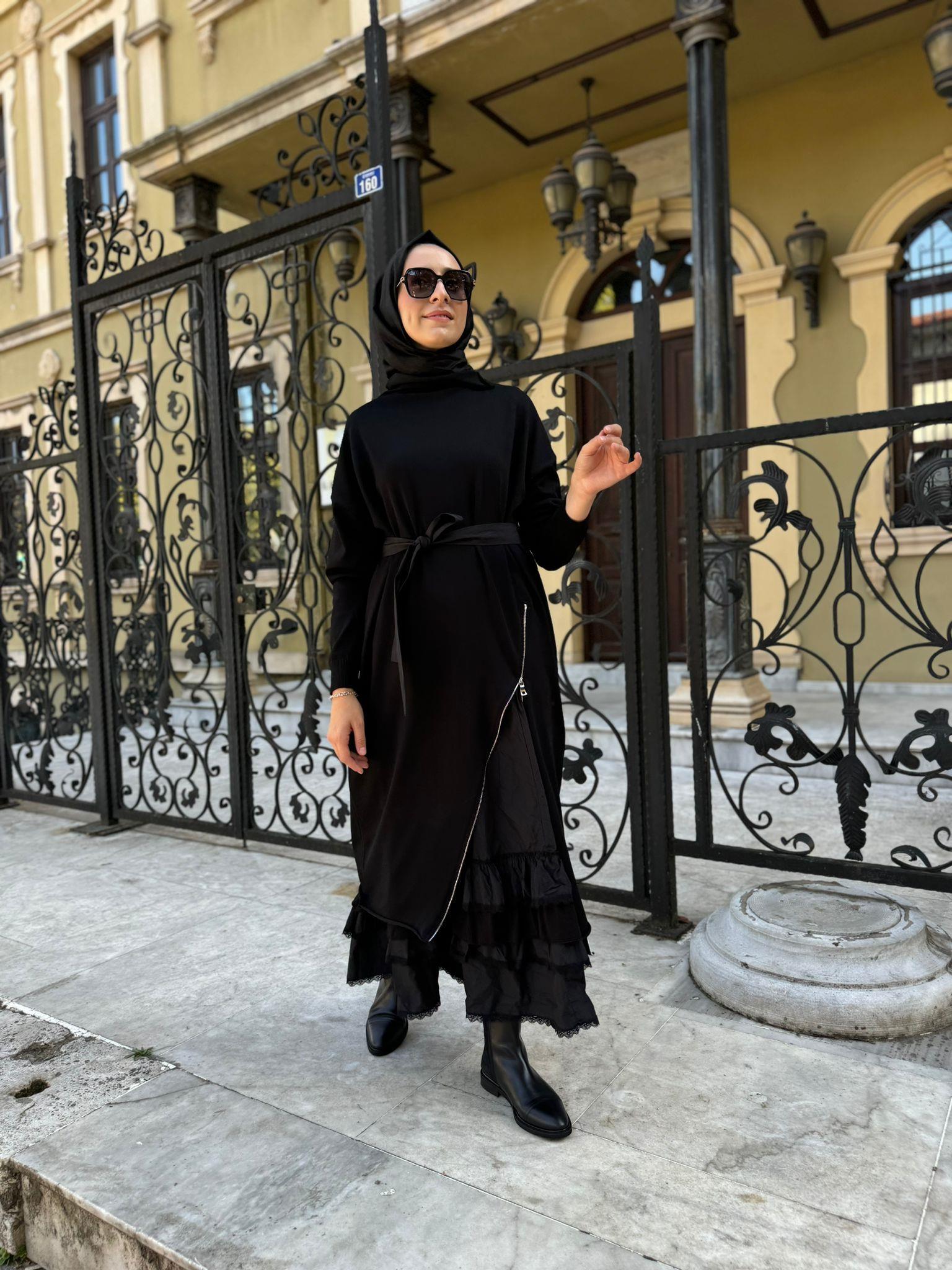 Fermuar Paraşüt Detaylı Triko Tasarım Kadın Elbise Siyah