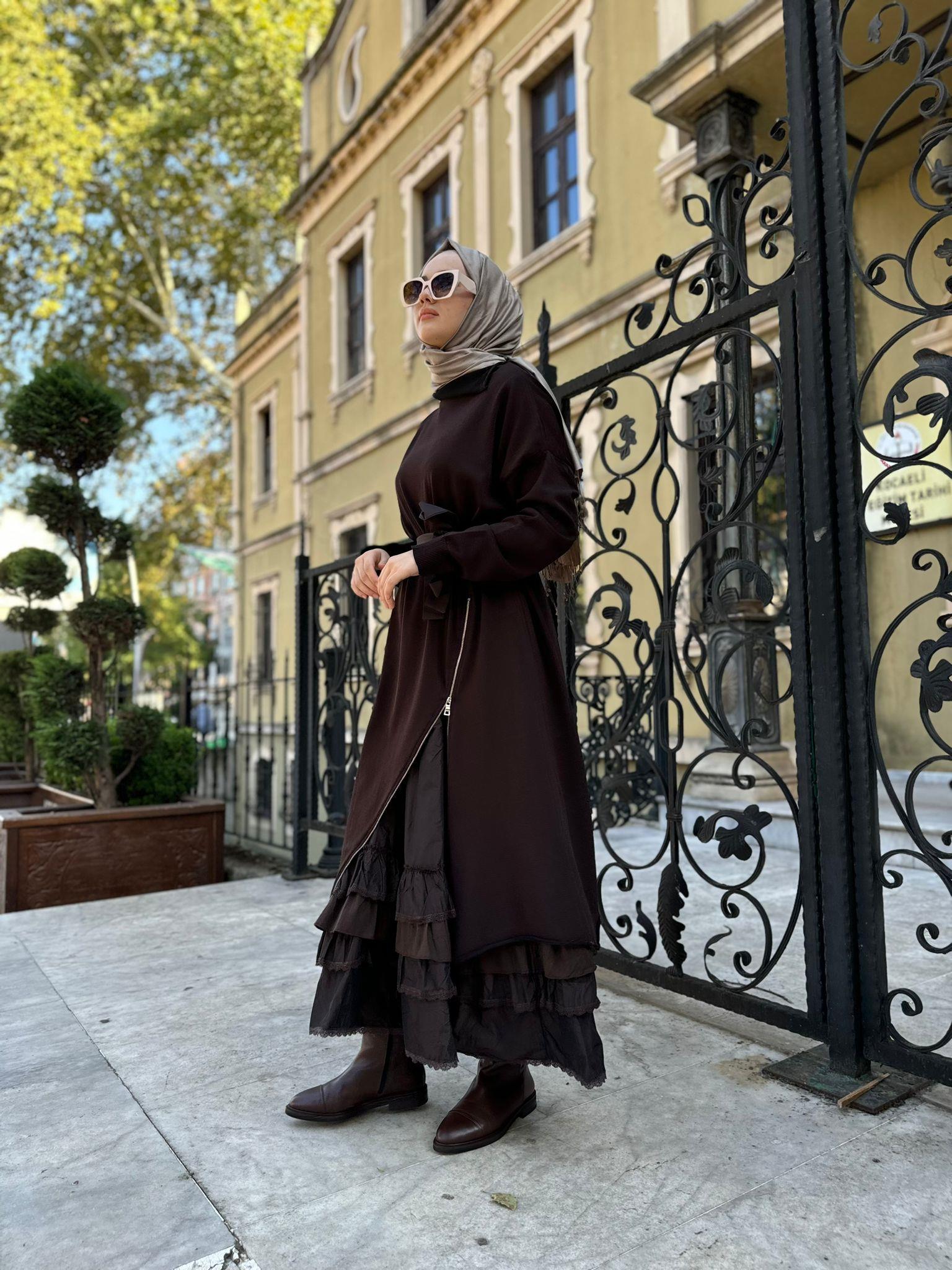Fermuar Paraşüt Detaylı Triko Tasarım Kadın Elbise Kahve