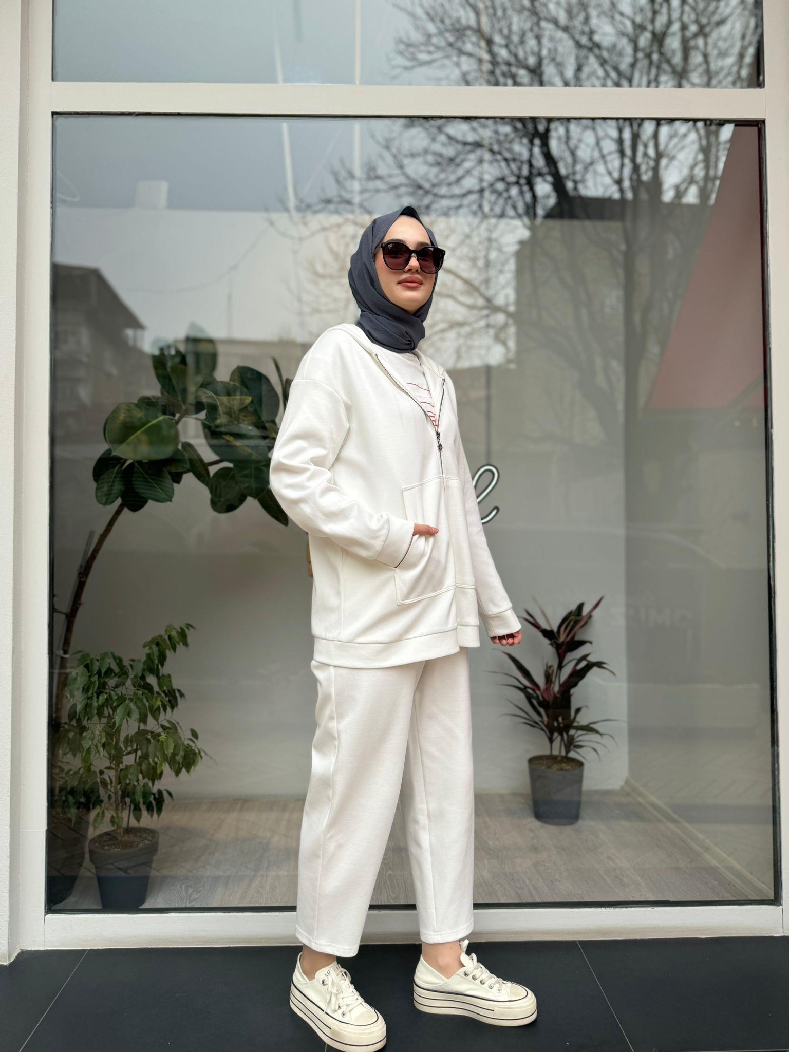 Fermuarlı Basic Kadın Takım Beyaz