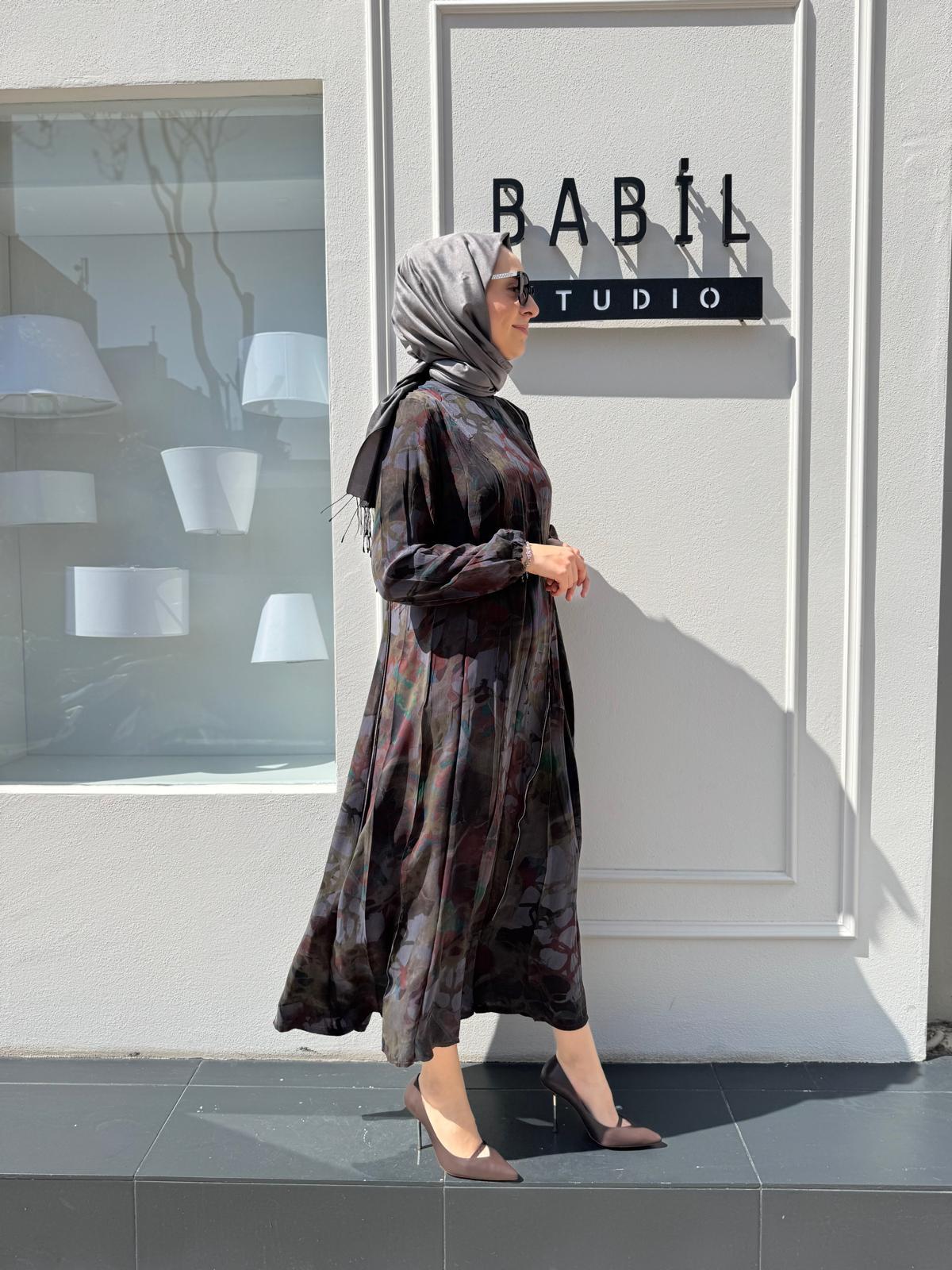 Fermuarlı Detaylı Kadın Elbise ANTRASİT BASKILI