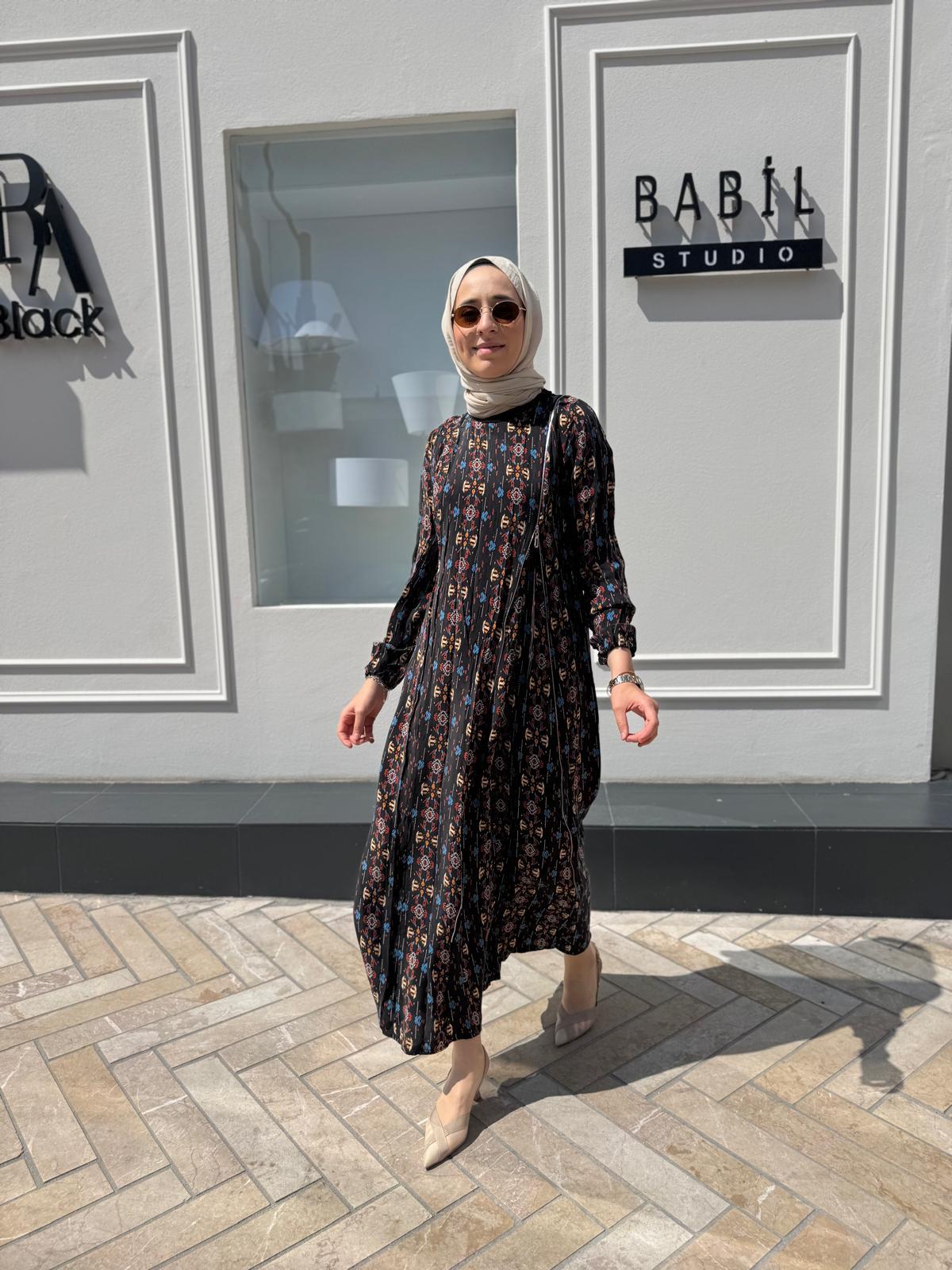 Fermuarlı Detaylı Kadın Elbise DESENLİ BASKILI