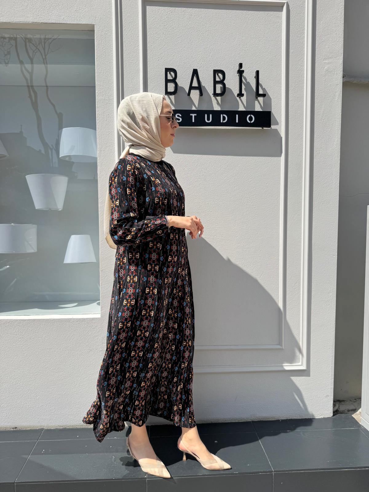 Fermuarlı Detaylı Kadın Elbise DESENLİ BASKILI