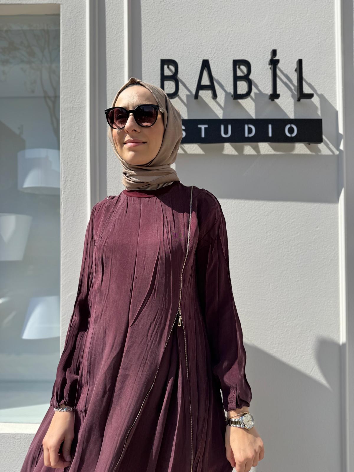 Fermuarlı Detaylı Kadın Elbise KOYU BORDO