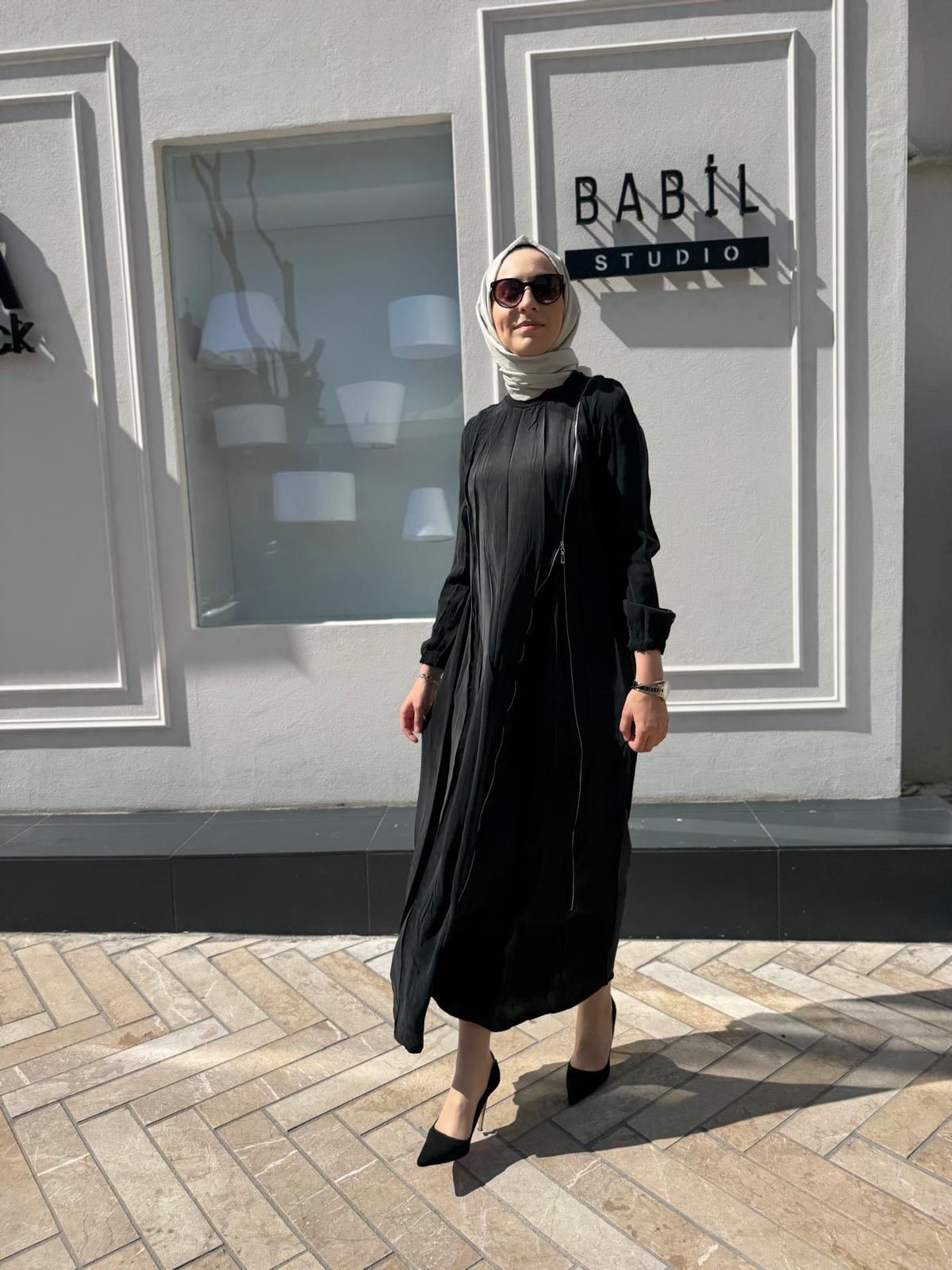 Fermuarlı Detaylı Kadın Elbise Siyah Düz