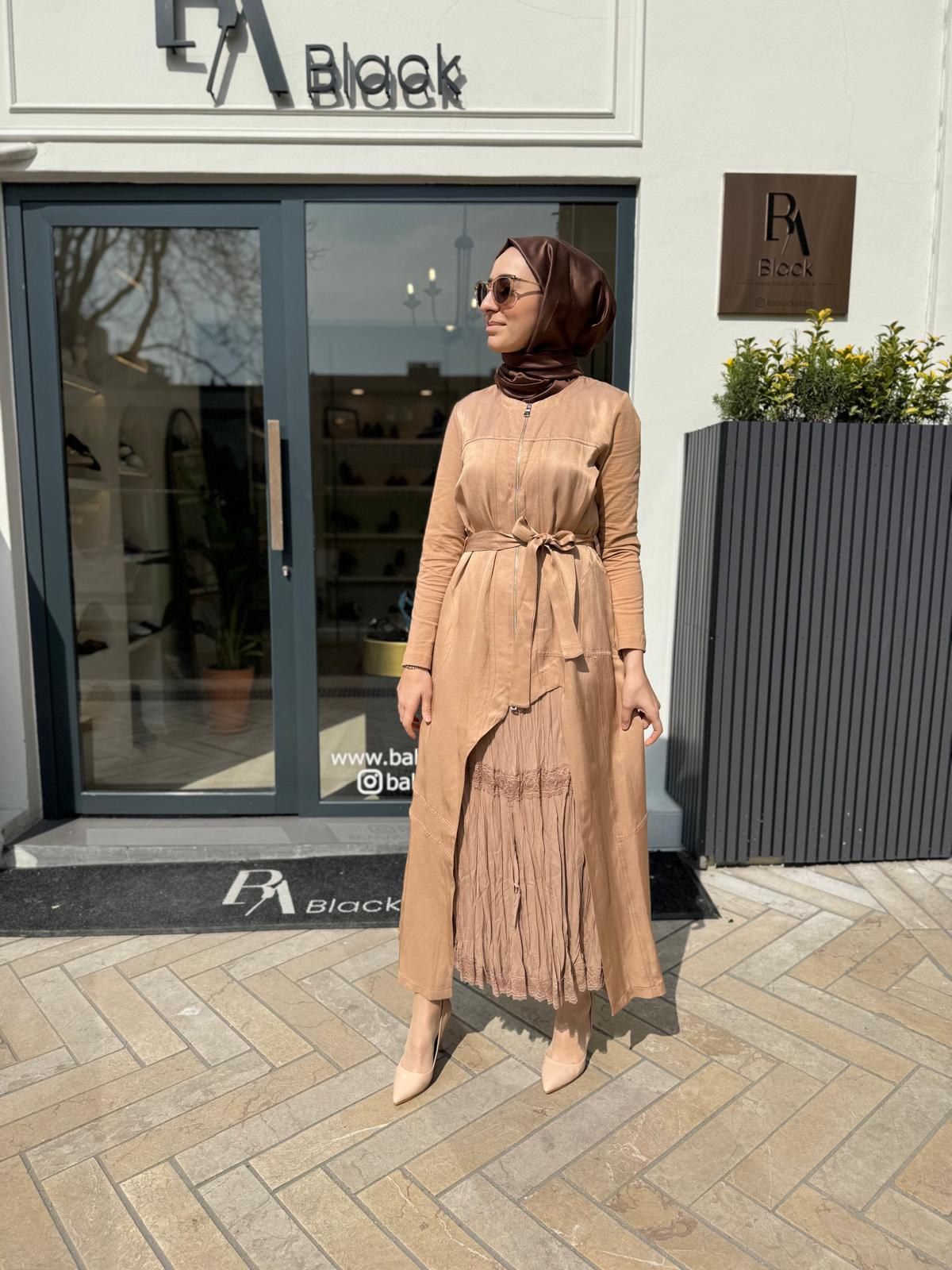 Fermuarlı Fisto Detaylı İkili Kadın Elbise Camel