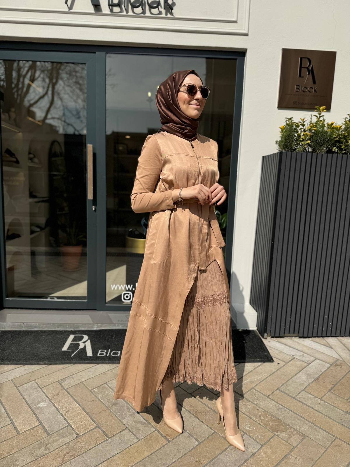 Fermuarlı Fisto Detaylı İkili Kadın Elbise Camel