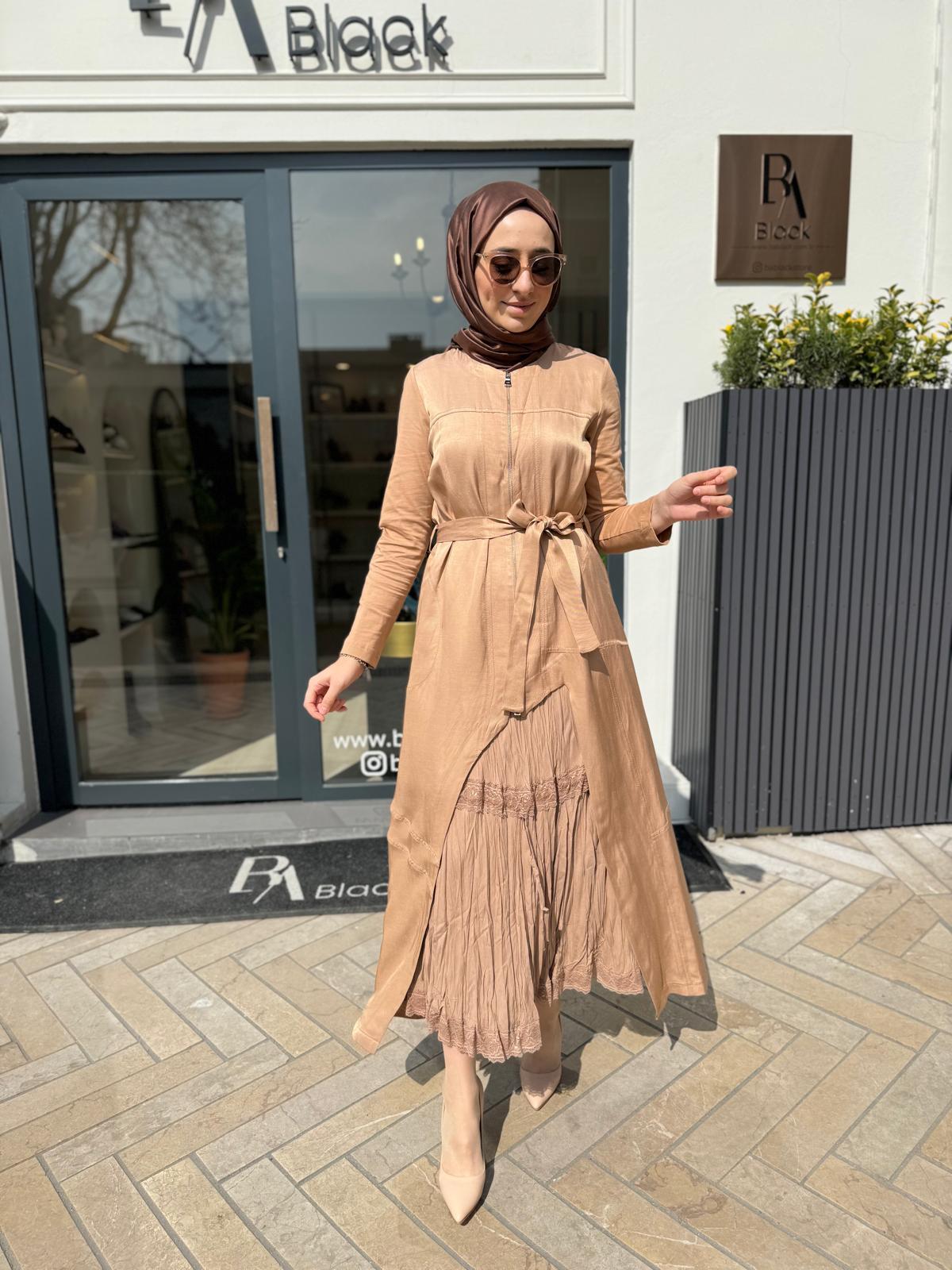 Fermuarlı Fisto Detaylı İkili Kadın Elbise Camel