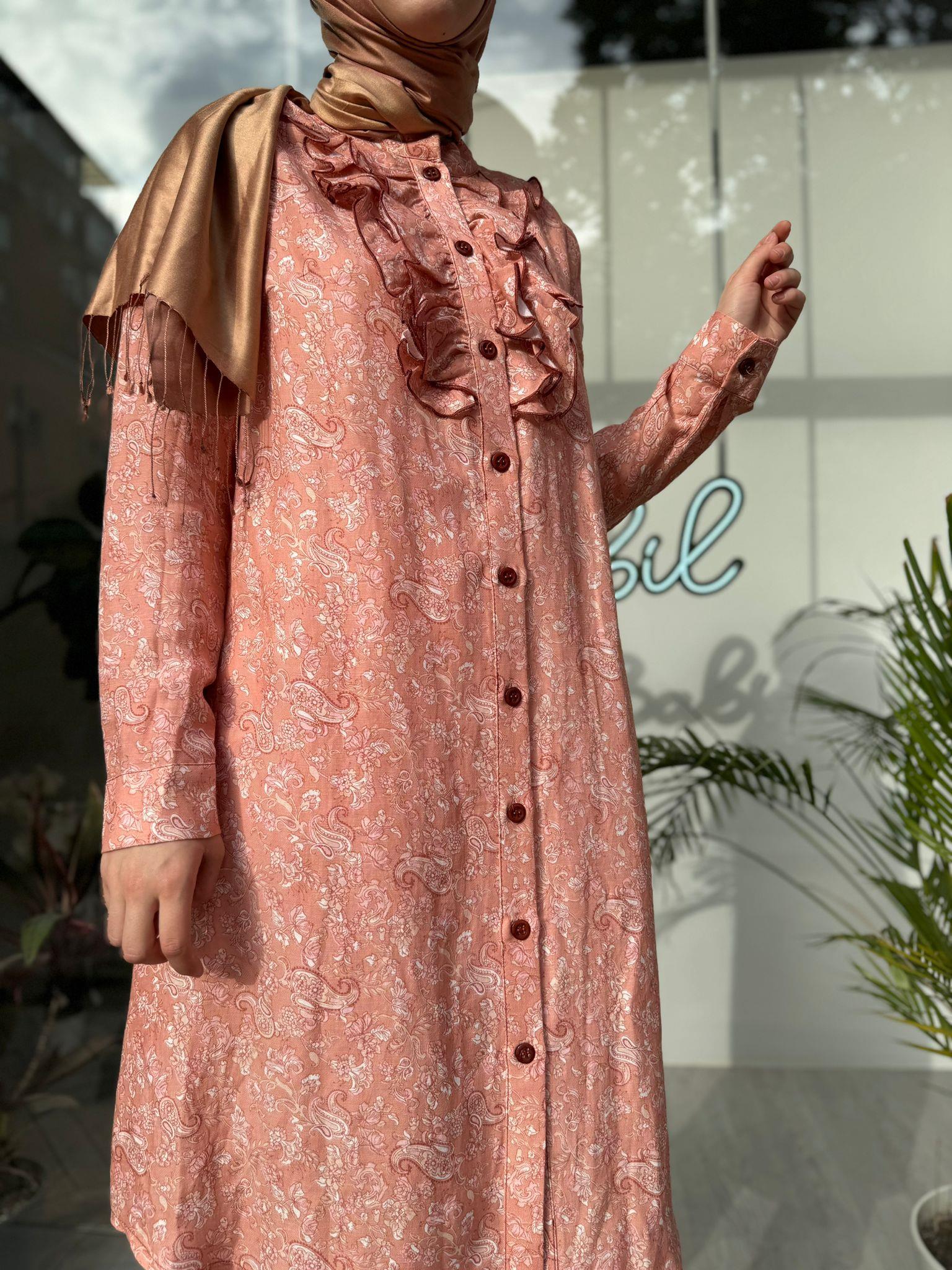 Fırfır Detaylı Desenli Keten İpek Kadın Uzun Gömlek Pembe