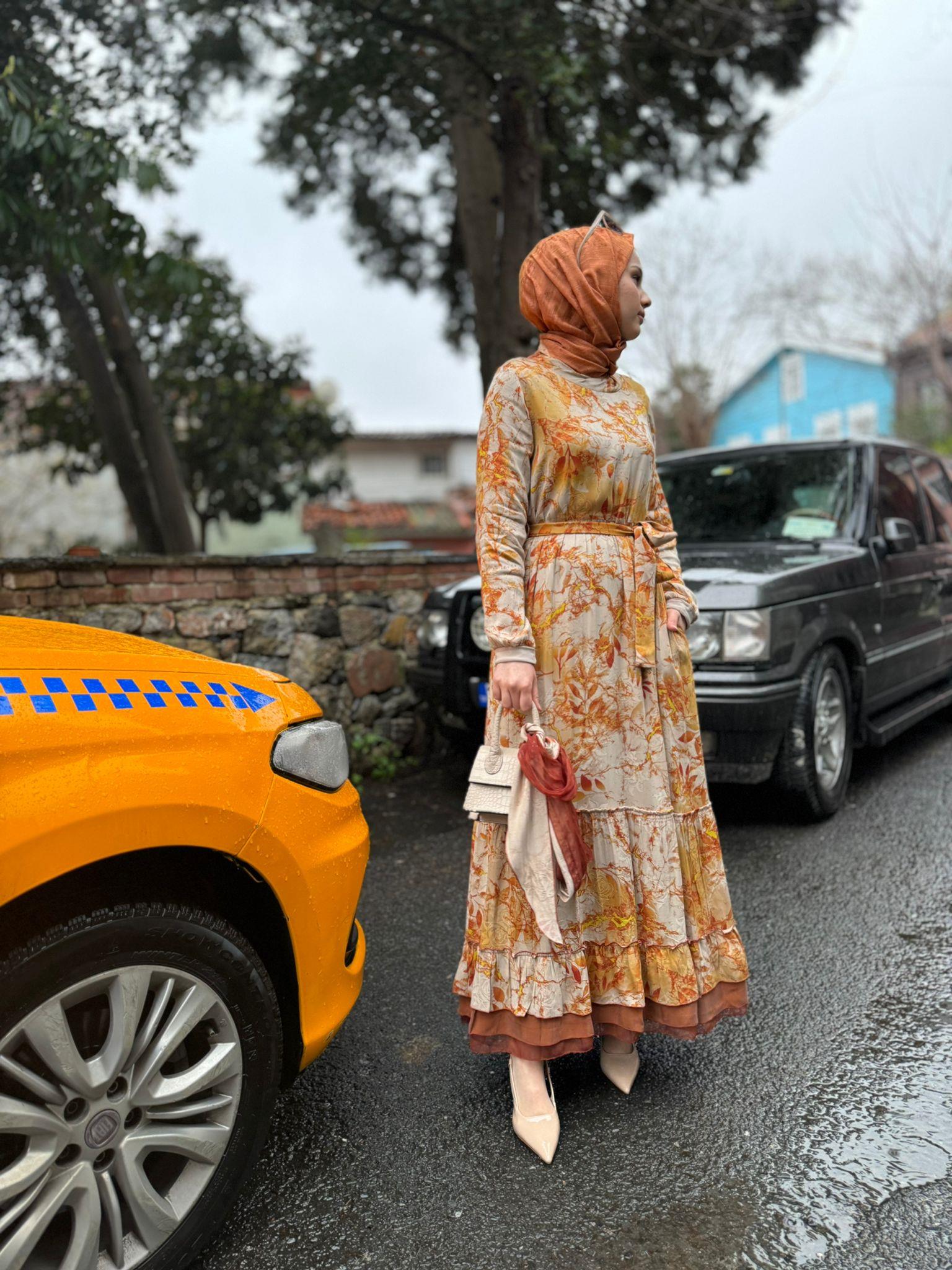 Flar Detaylı Kadın İpek Elbise Oranj