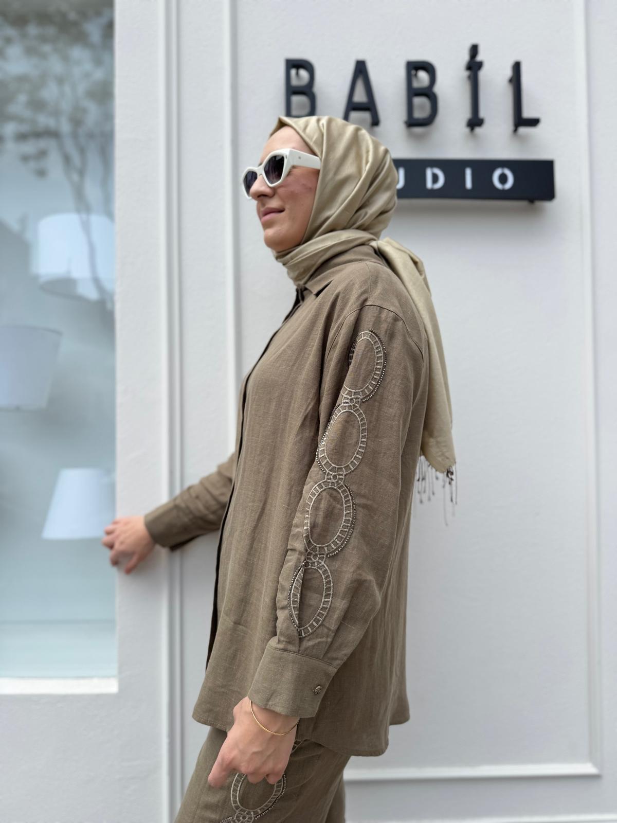 İşleme Detaylı Keten Kadın Takım Haki Yeşil