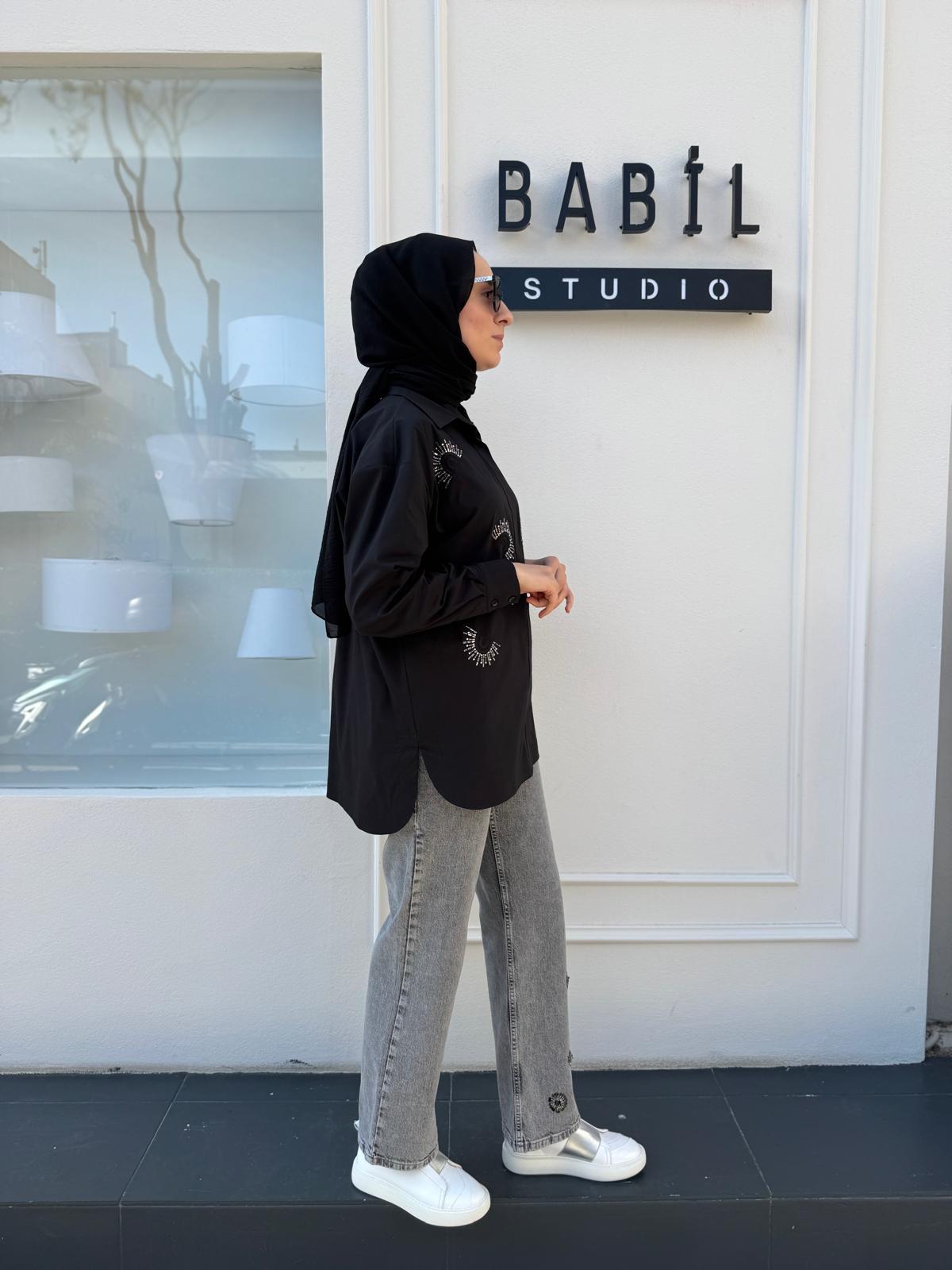 İşleme Detaylı Poplin Kadın Gömlek Siyah