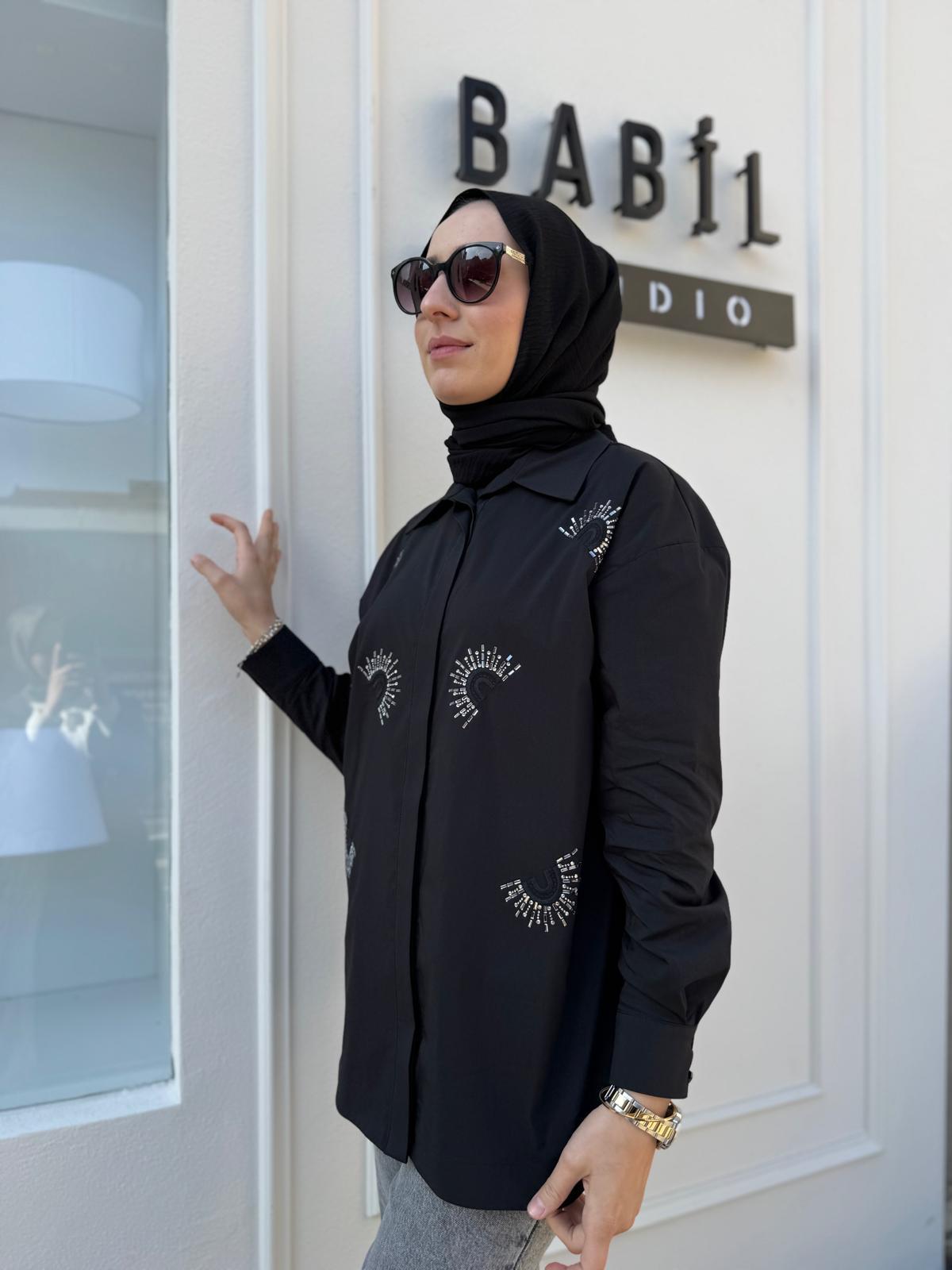 İşleme Detaylı Poplin Kadın Gömlek Siyah