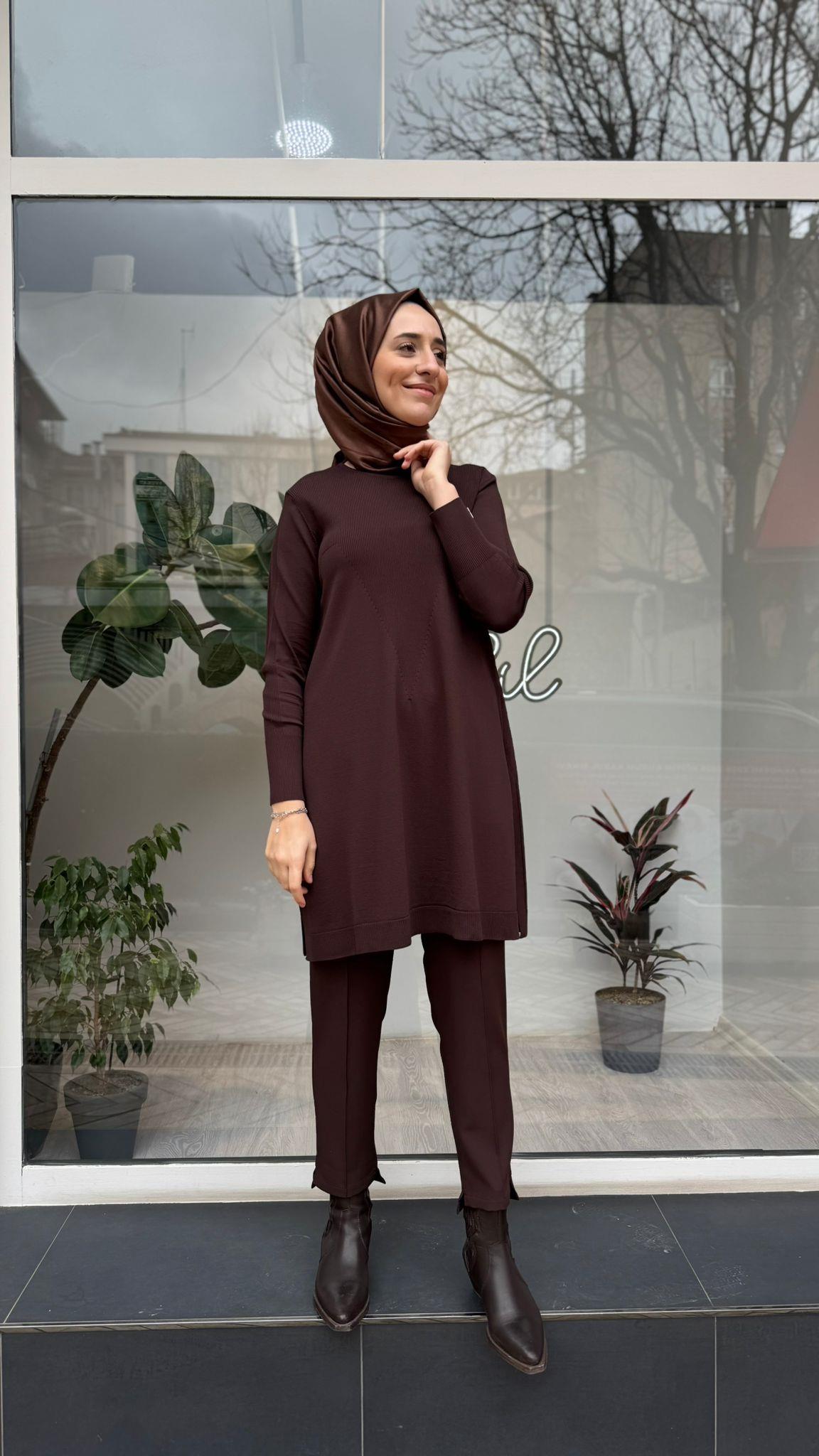 Kendinden Çizgili Kadın Tunik Kahve
