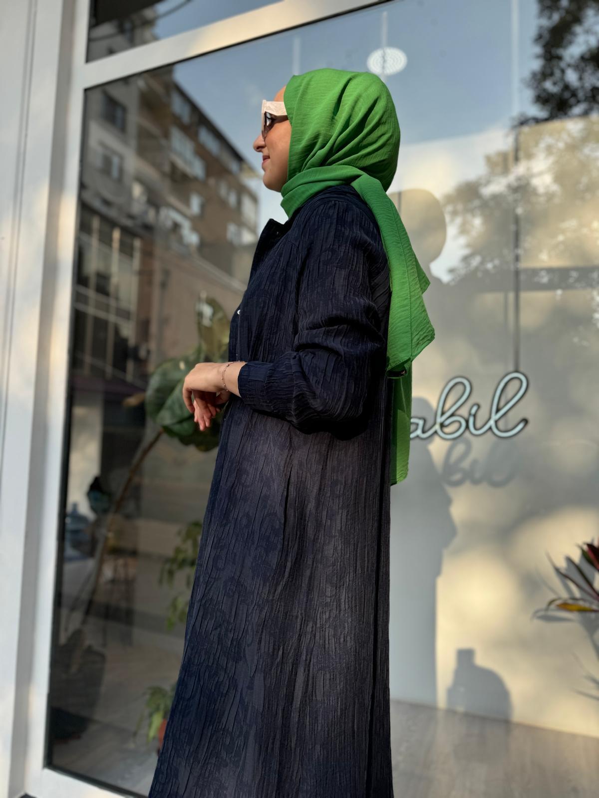 Kendinden Desenli Hakim Yaka Kadın Kap Indigo