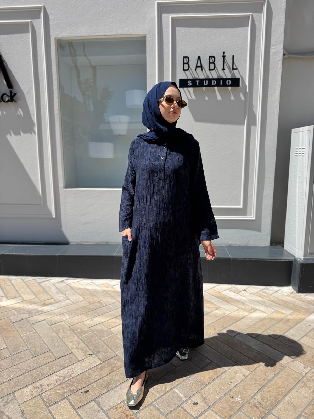 Kendinden Desenli Kadın Elbise Lacivert