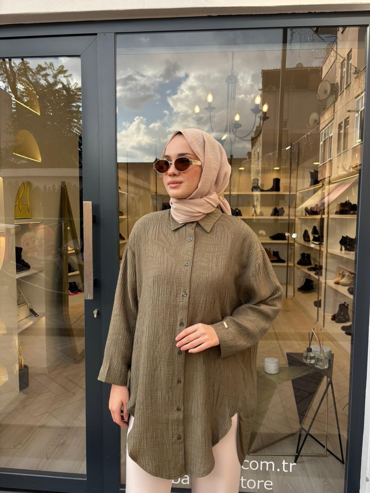 Kendinden Desenli Kadın Gömlek Ceket Haki Yeşil
