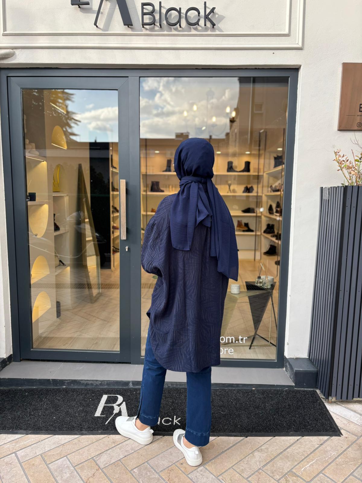 Kendinden Desenli Kadın Gömlek Ceket Lacivert