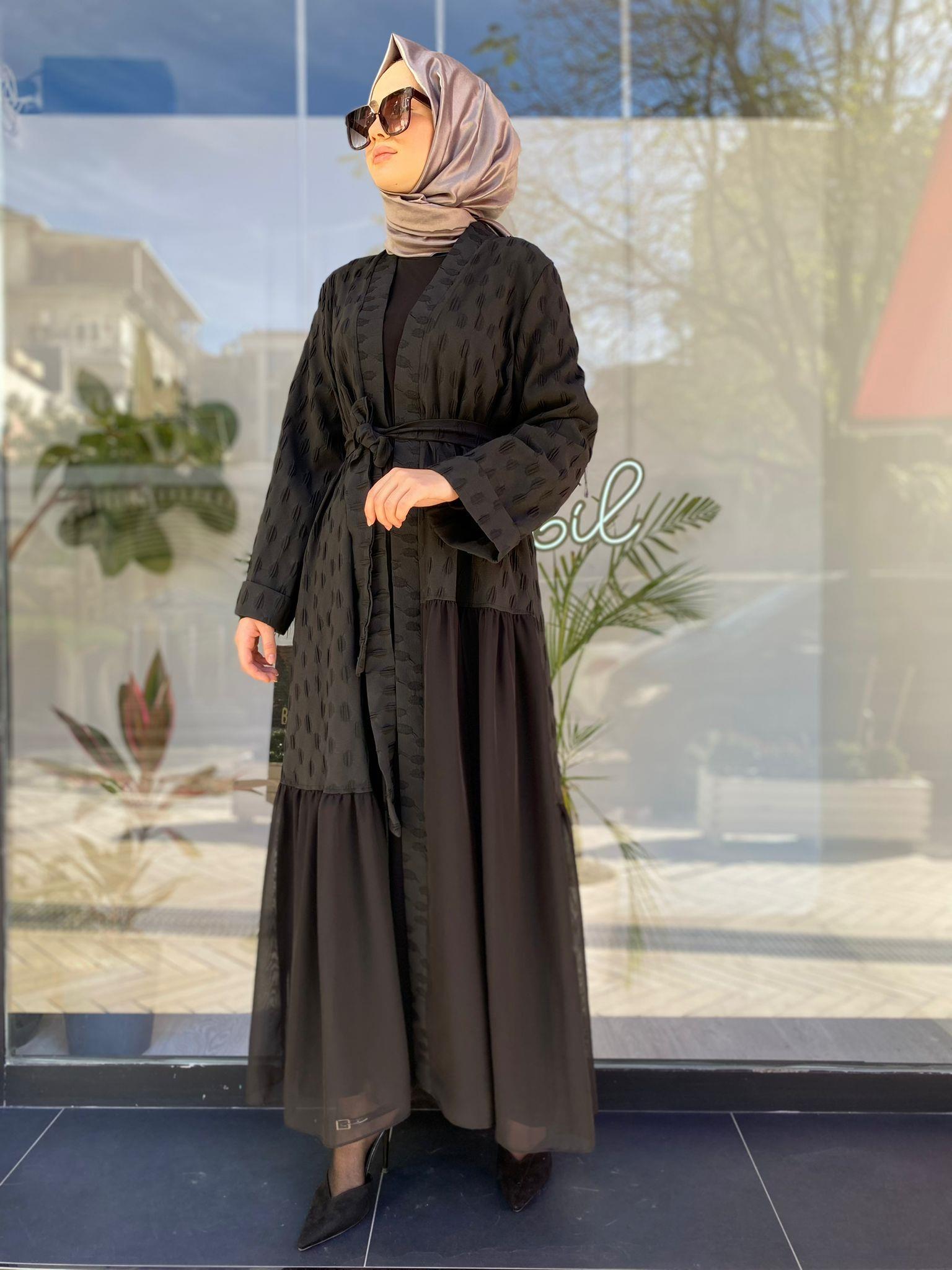 Kendinden Desenli Şifon Detaylı Kadın Kimono Siyah