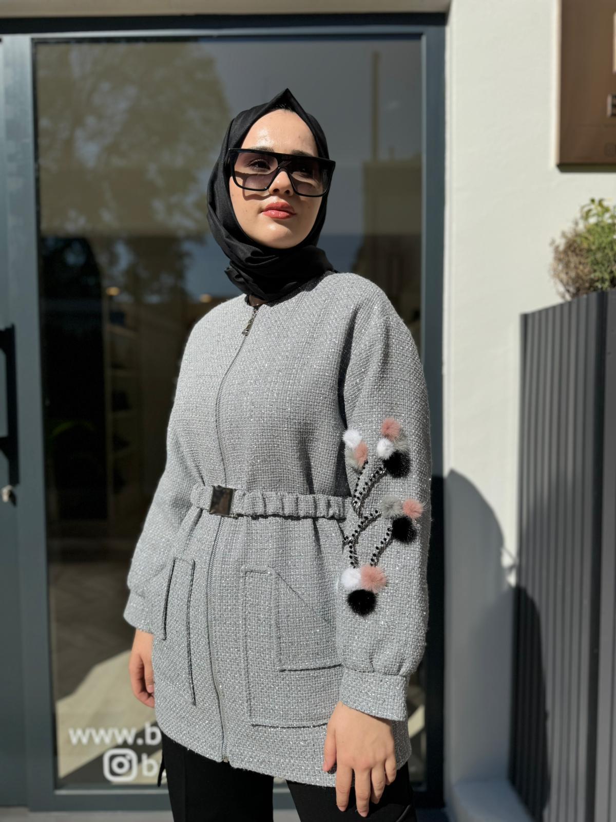 Kol Detaylı Parlak Tüvit Kumaş Modica Ceket Gümüş