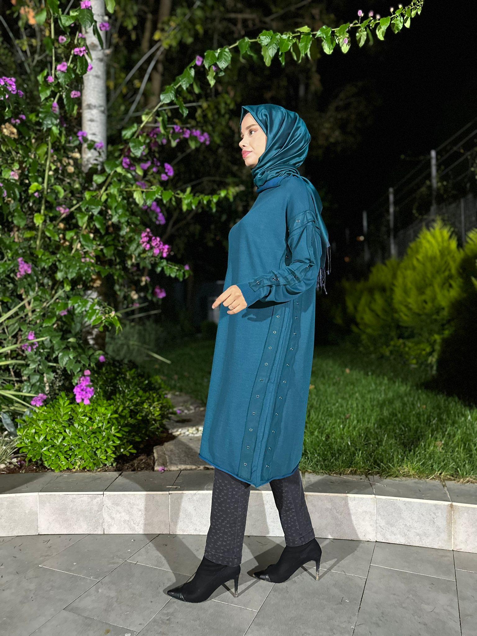 Kol Detaylı Triko Kadın Tunik Petrol Mavi