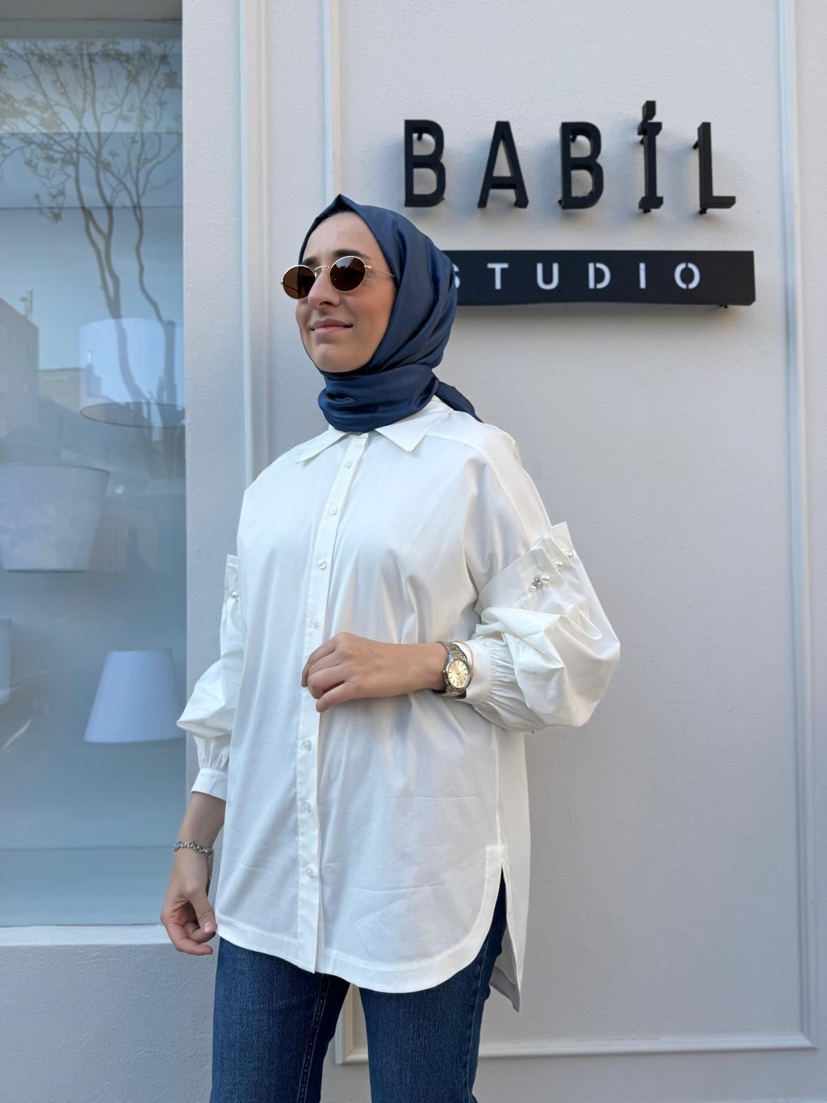 Kolları İncili Kadın Poplin Gömlek Ekru