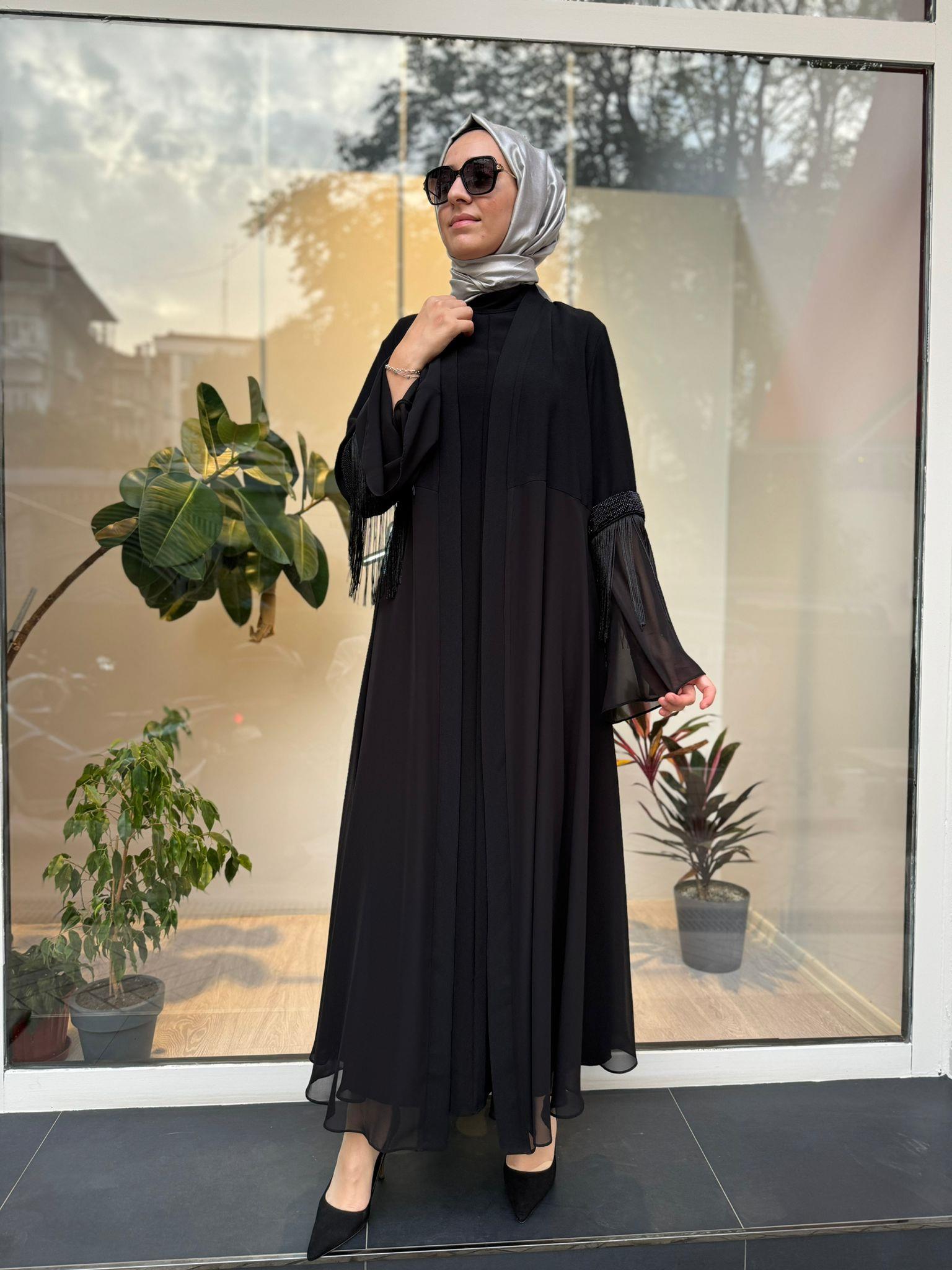 Kolları İp Detaylı Şifon Kadın İkili Abaya Elbise Siyah