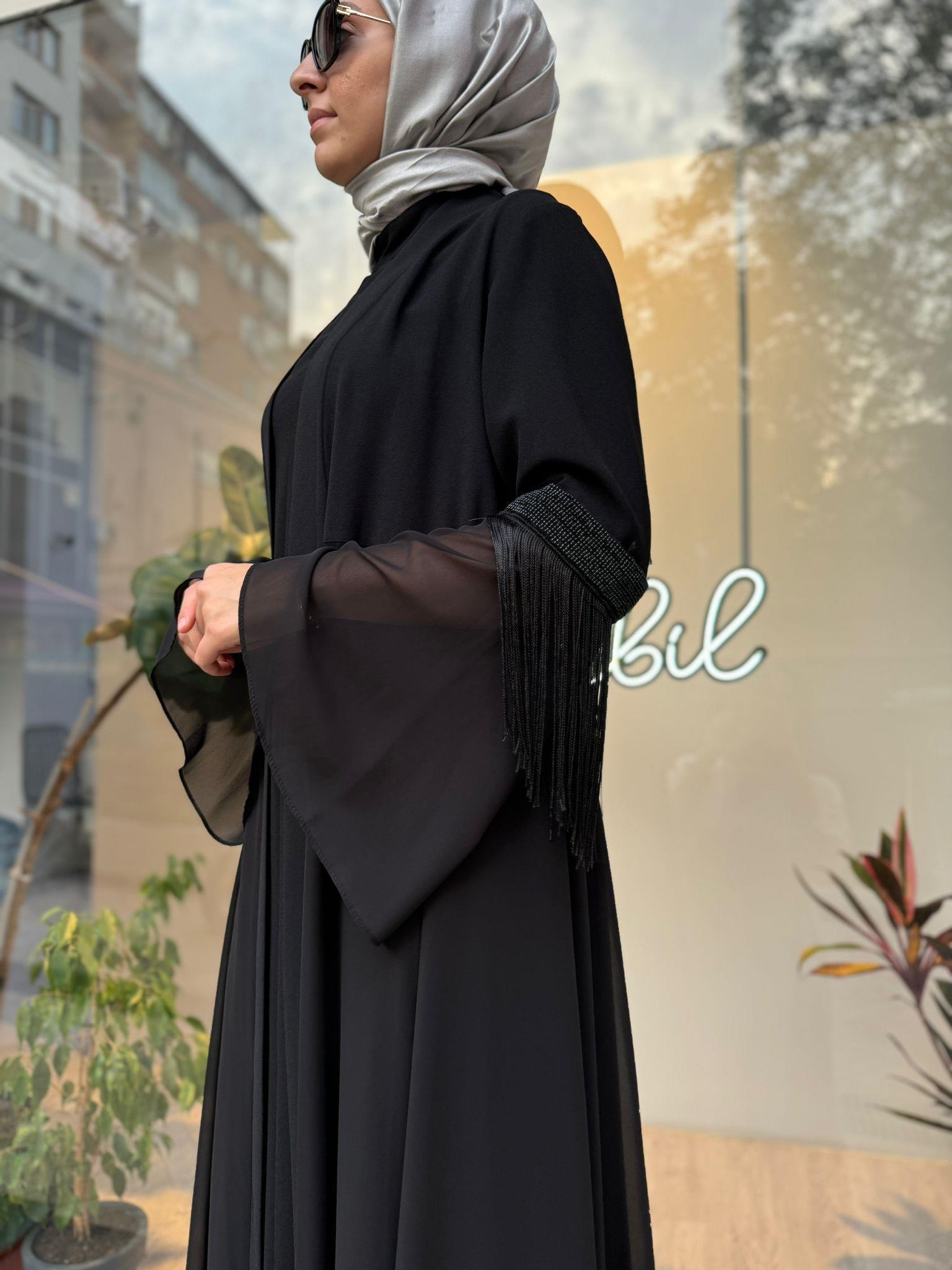 Kolları İp Detaylı Şifon Kadın İkili Abaya Elbise Siyah