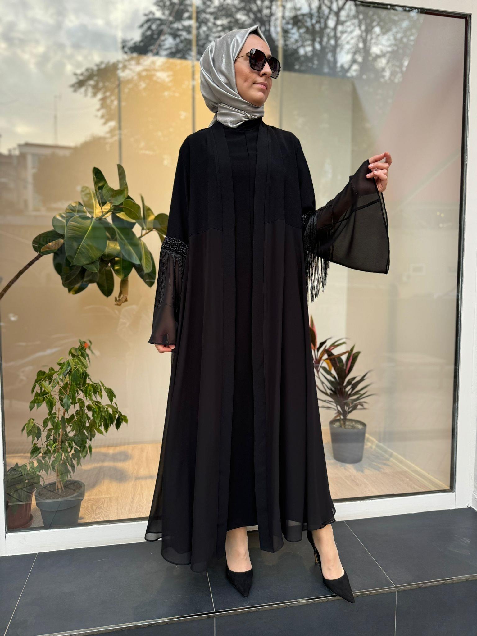 Kolları İp Detaylı Şifon Kadın İkili Abaya Elbise Siyah