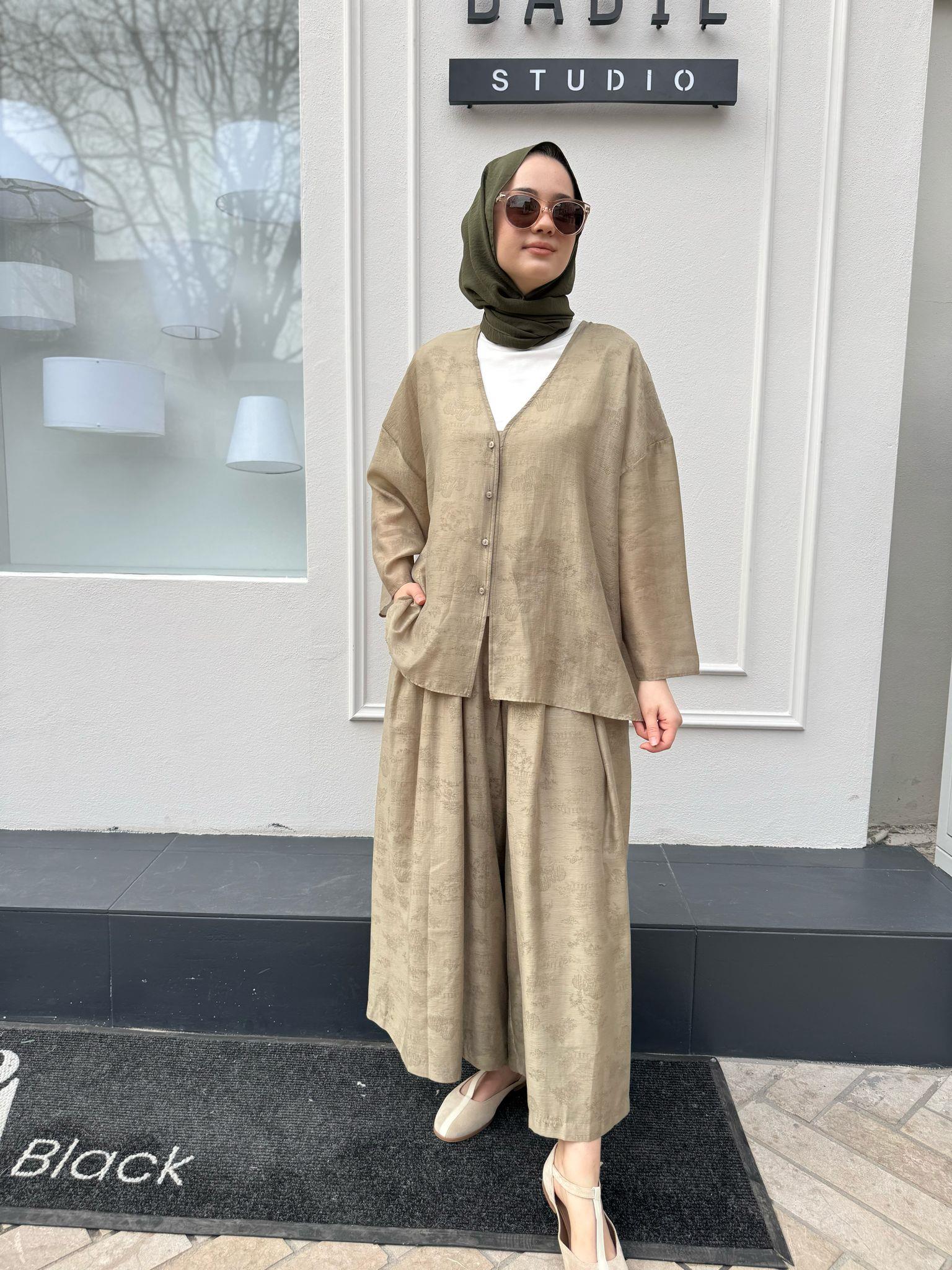 Kumaş Desenli Pamuk Azur Kadın Takım Haki Yeşil