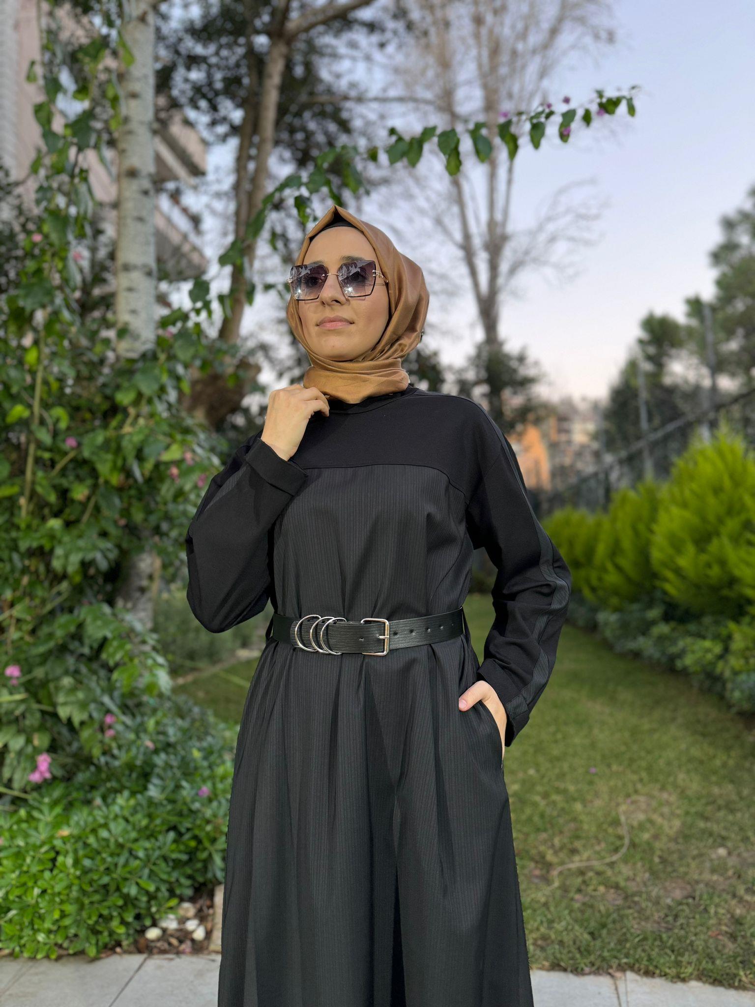 Kumaş Detaylı Çizgili Kadın Elbise Siyah