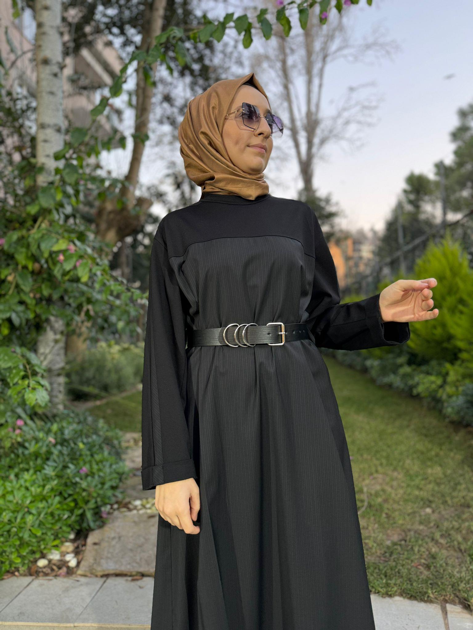 Kumaş Detaylı Çizgili Kadın Elbise Siyah