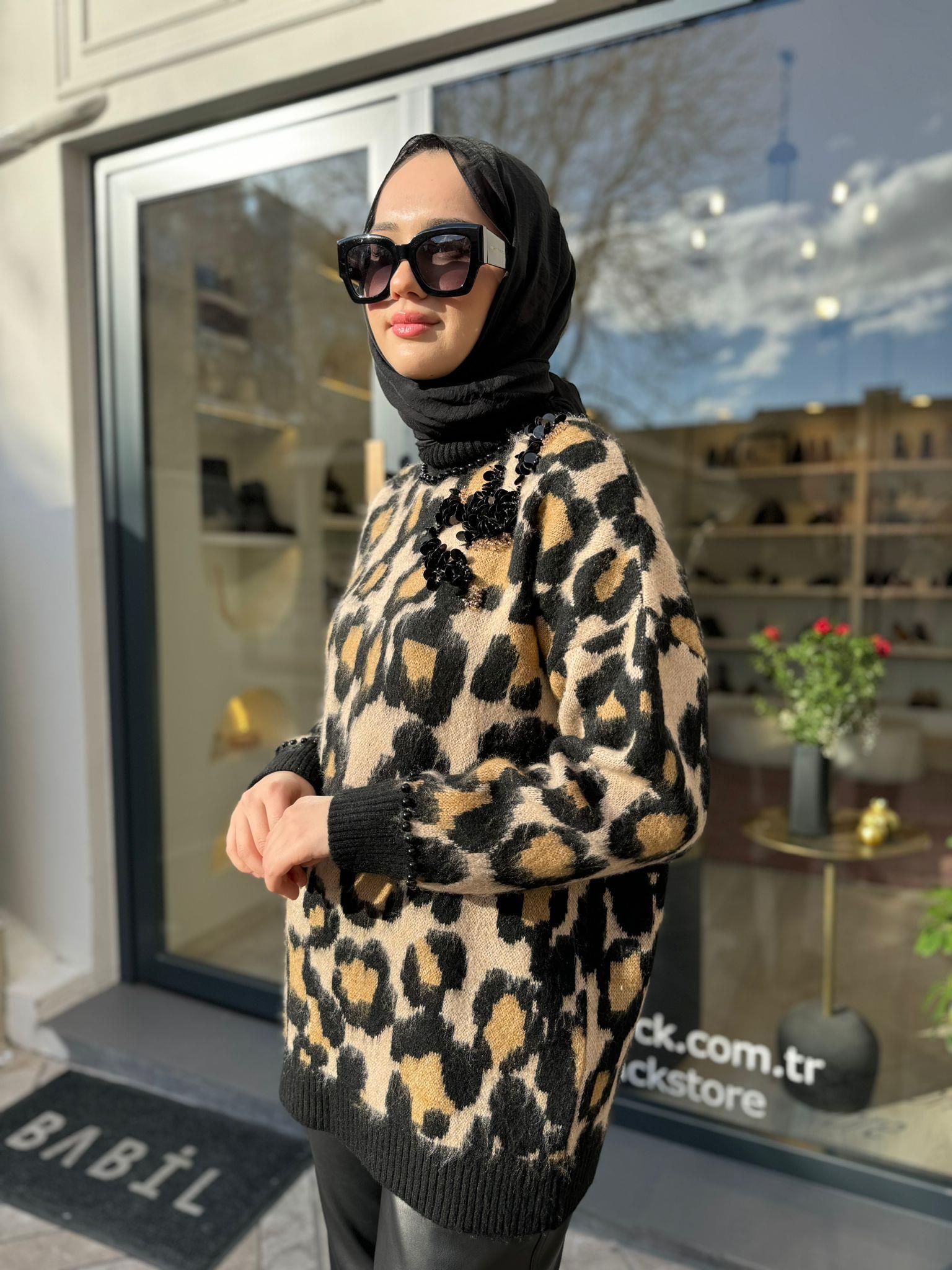 Leopar Desenli Wella Kadın Kazak Leopar