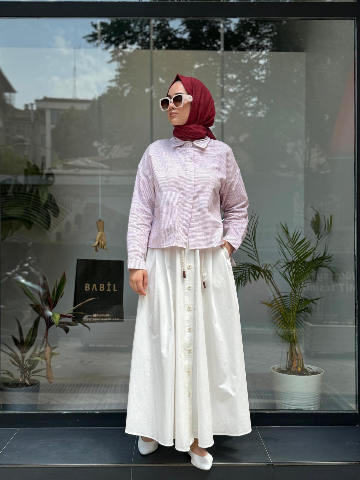 Linen Çizgi Desen Keten Gömlek Ekru